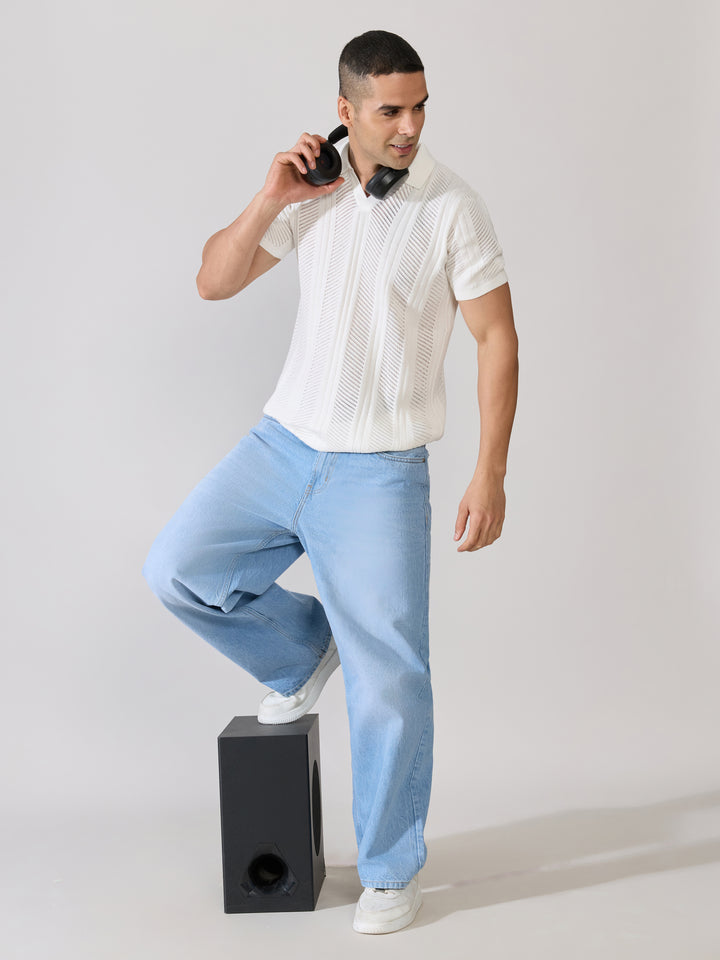 Men's Regular Fit Textured Open Knit Polo T-Shirt in White
