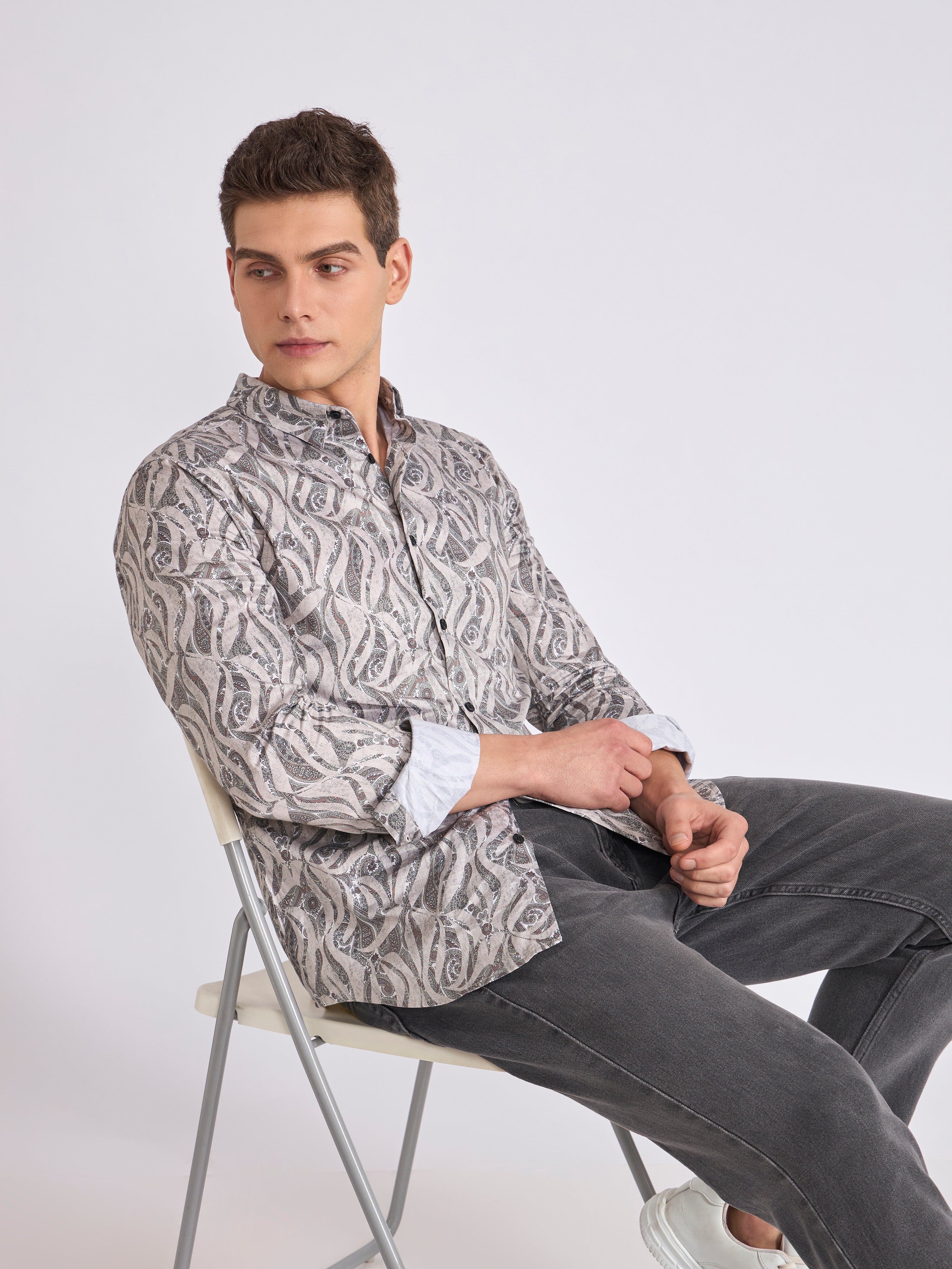 Men's Satin Digital Printed Shirt - Light Goldenrod Yellow
