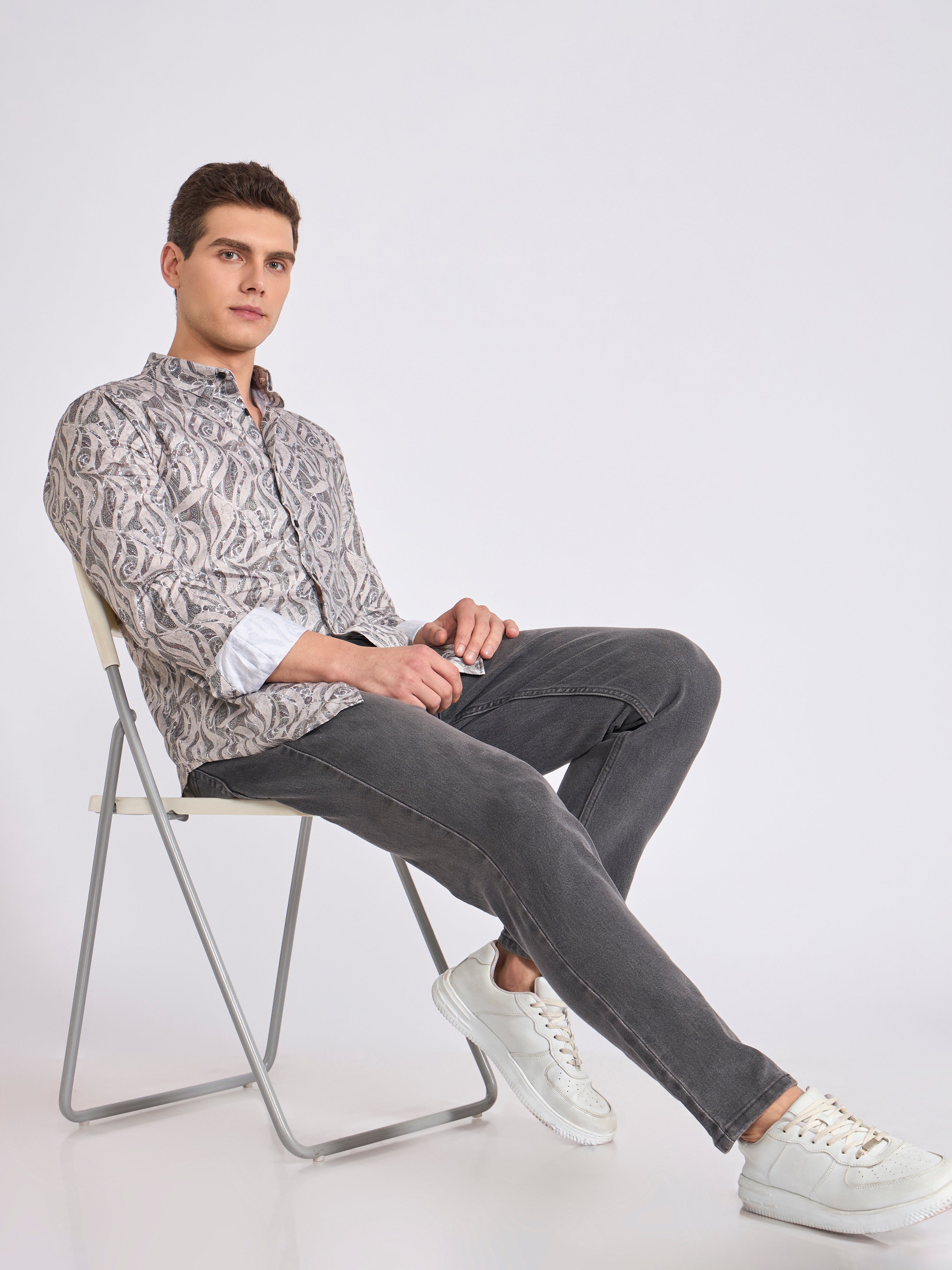 Men's Satin Digital Printed Shirt - Light Goldenrod Yellow
