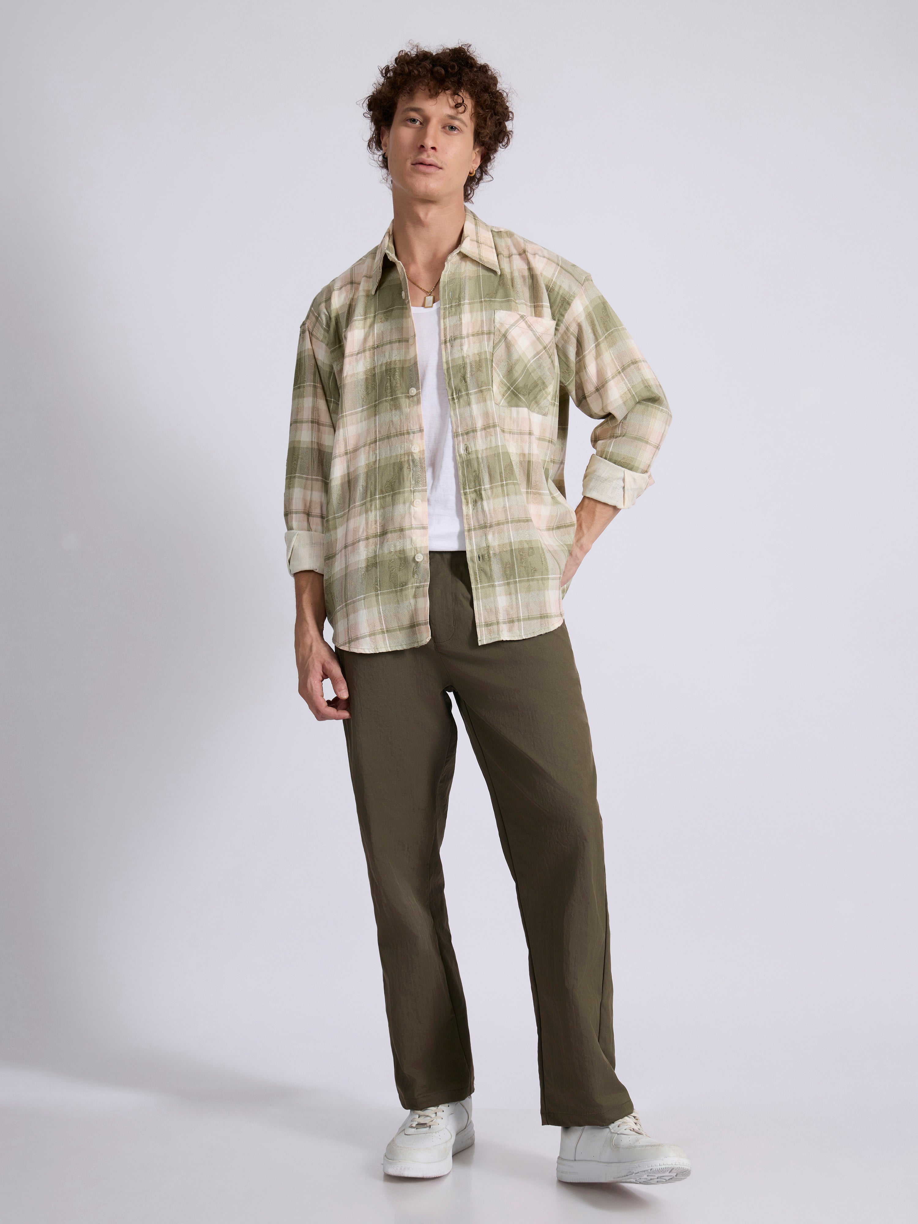 Talbot - Drop Shoulder Checks Shirt - Light Olive
