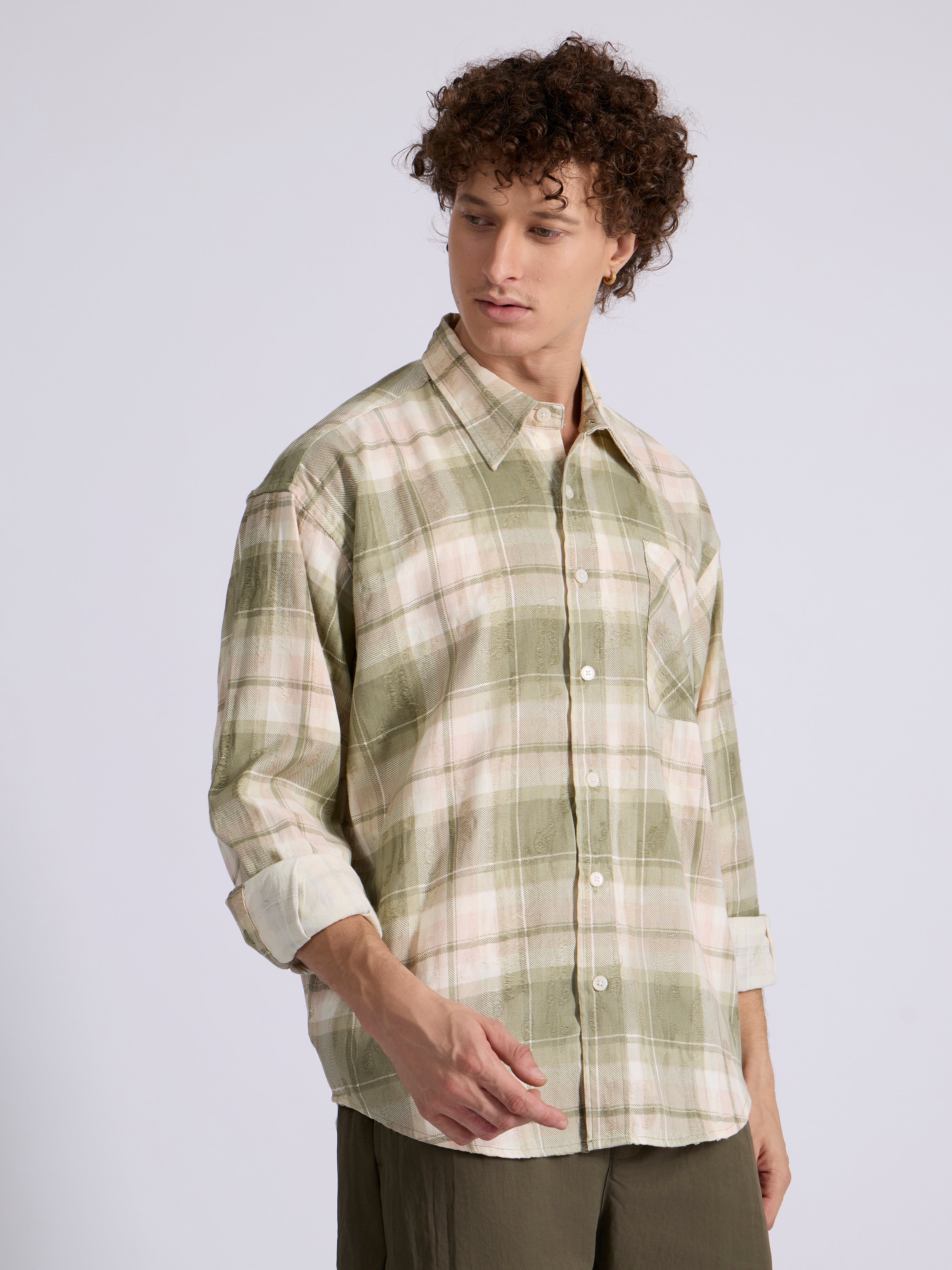 Talbot - Drop Shoulder Checks Shirt - Light Olive