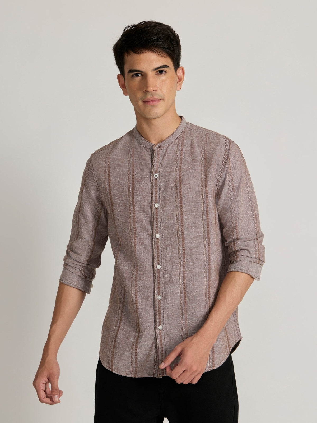Salvator - Band Collar Striped Shirt - Brown - Espanshe
