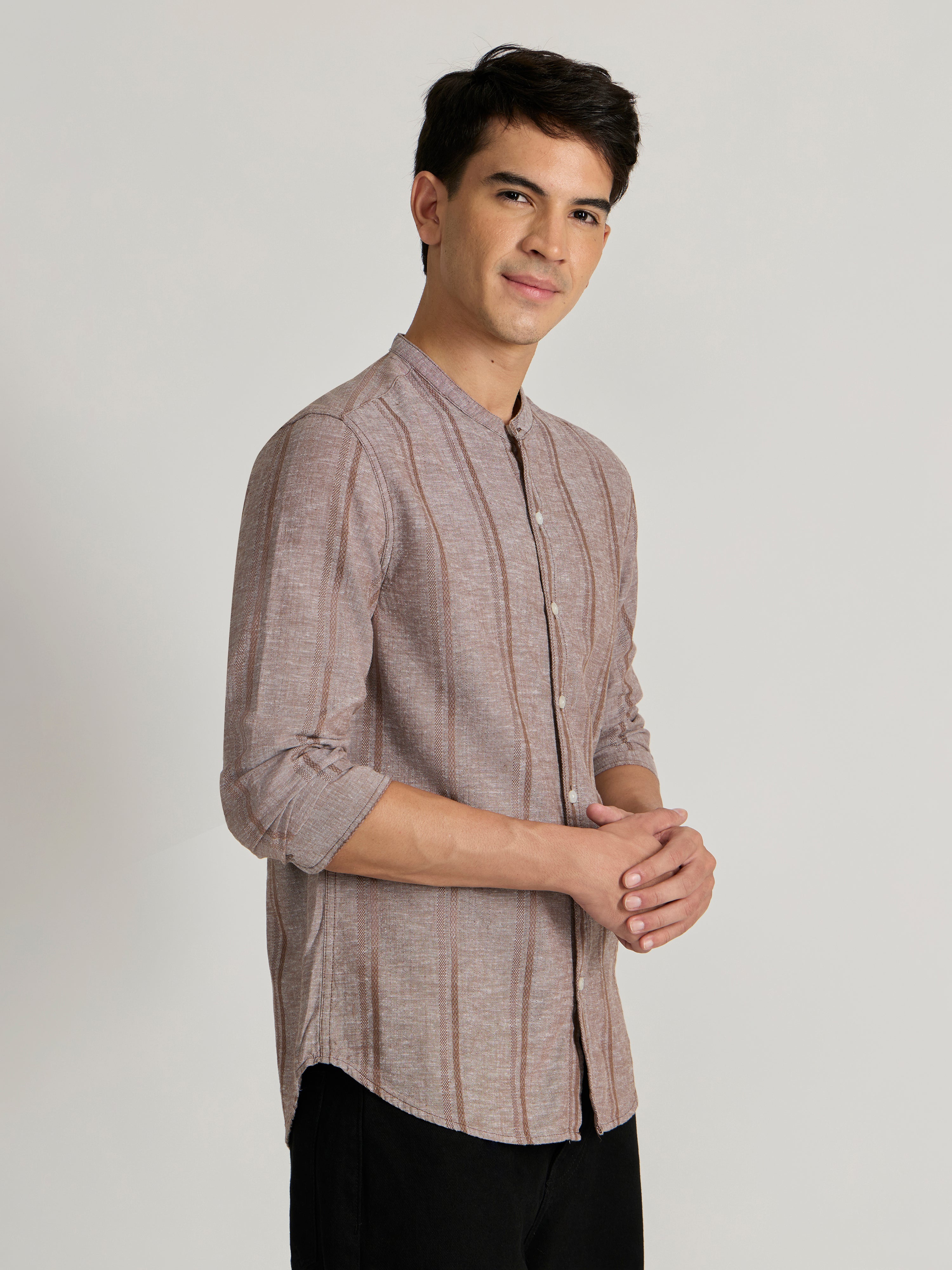 Men's Band Collar Striped Shirt in Brown