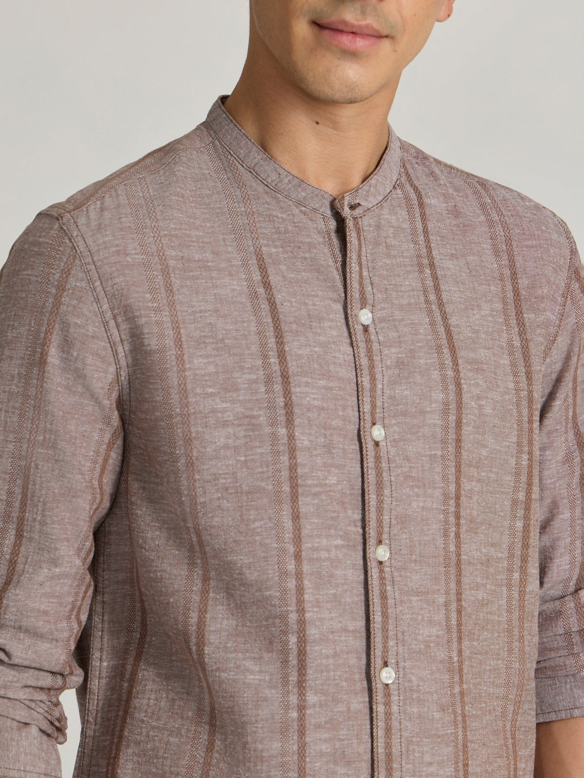 Salvator - Band Collar Striped Shirt - Brown - Espanshe