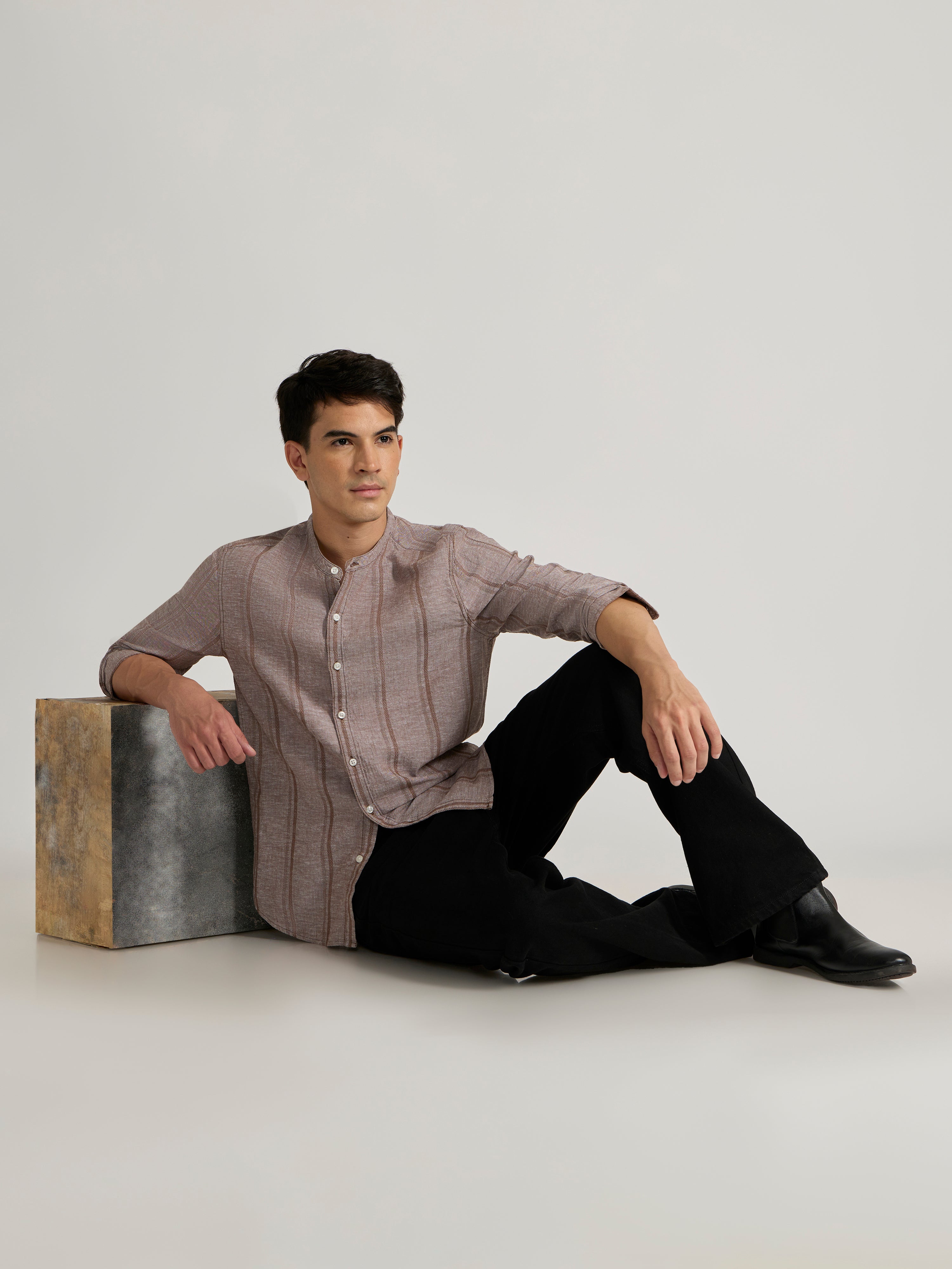 Men's Band Collar Striped Shirt in Brown