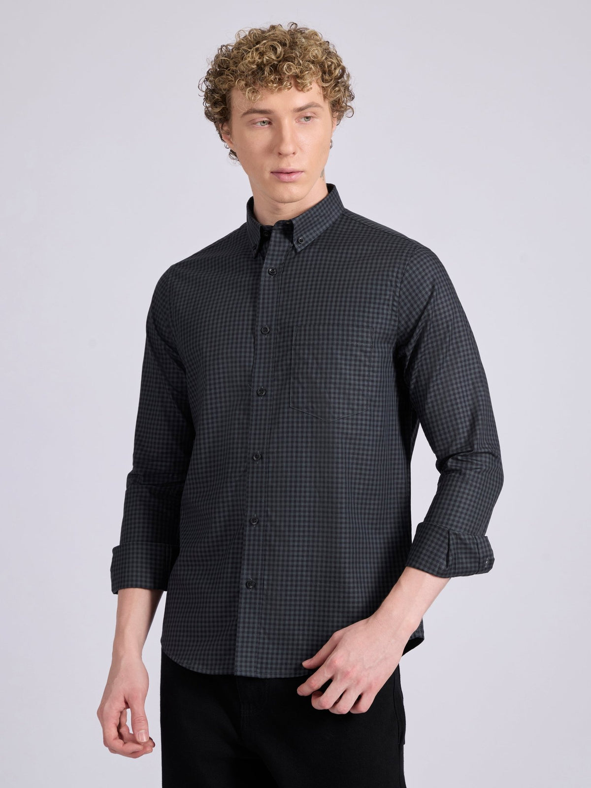 Quint - Micro Check Shirt - Dark Steel Blue - Espanshe