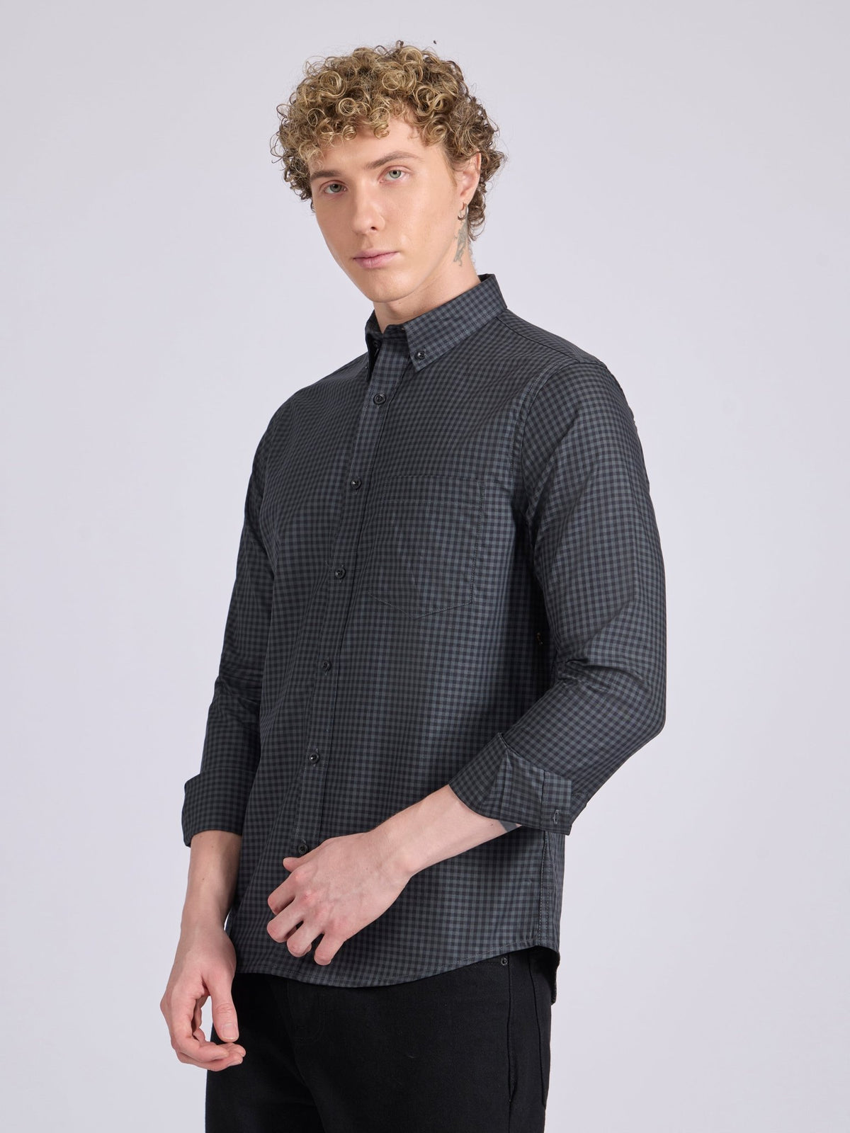 Quint - Micro Check Shirt - Dark Steel Blue - Espanshe