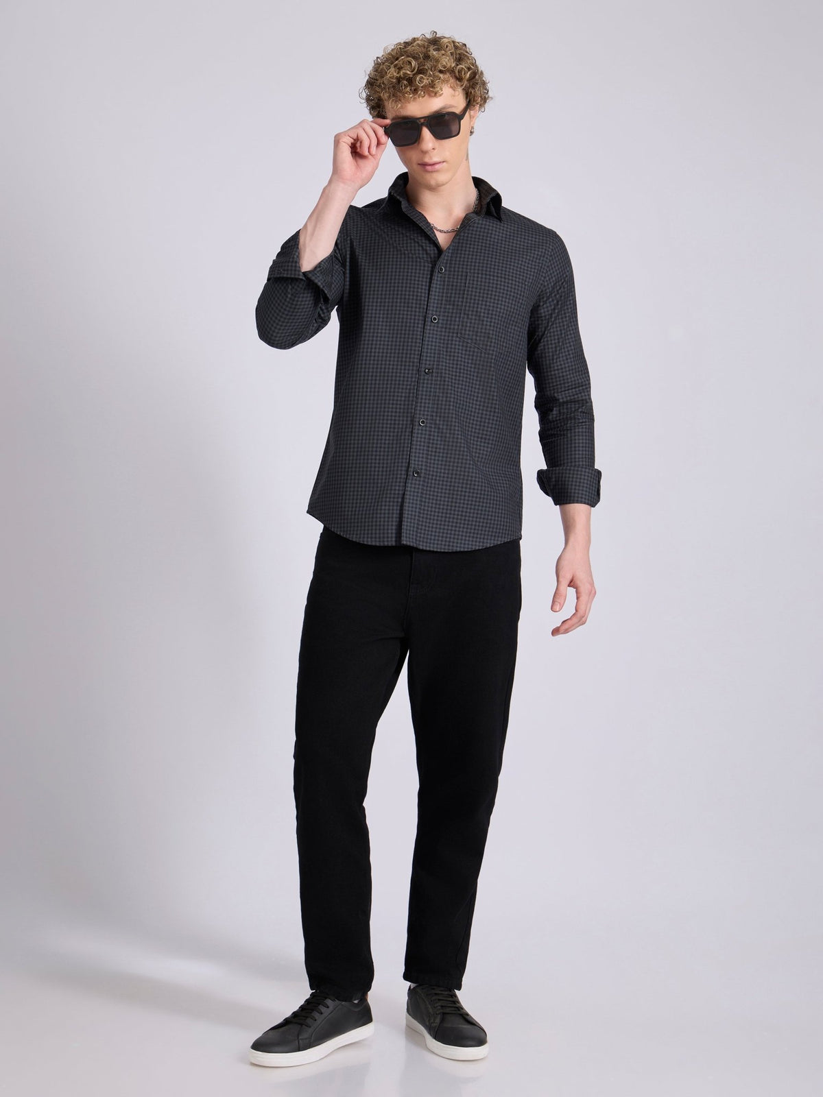 Quint - Micro Check Shirt - Dark Steel Blue - Espanshe