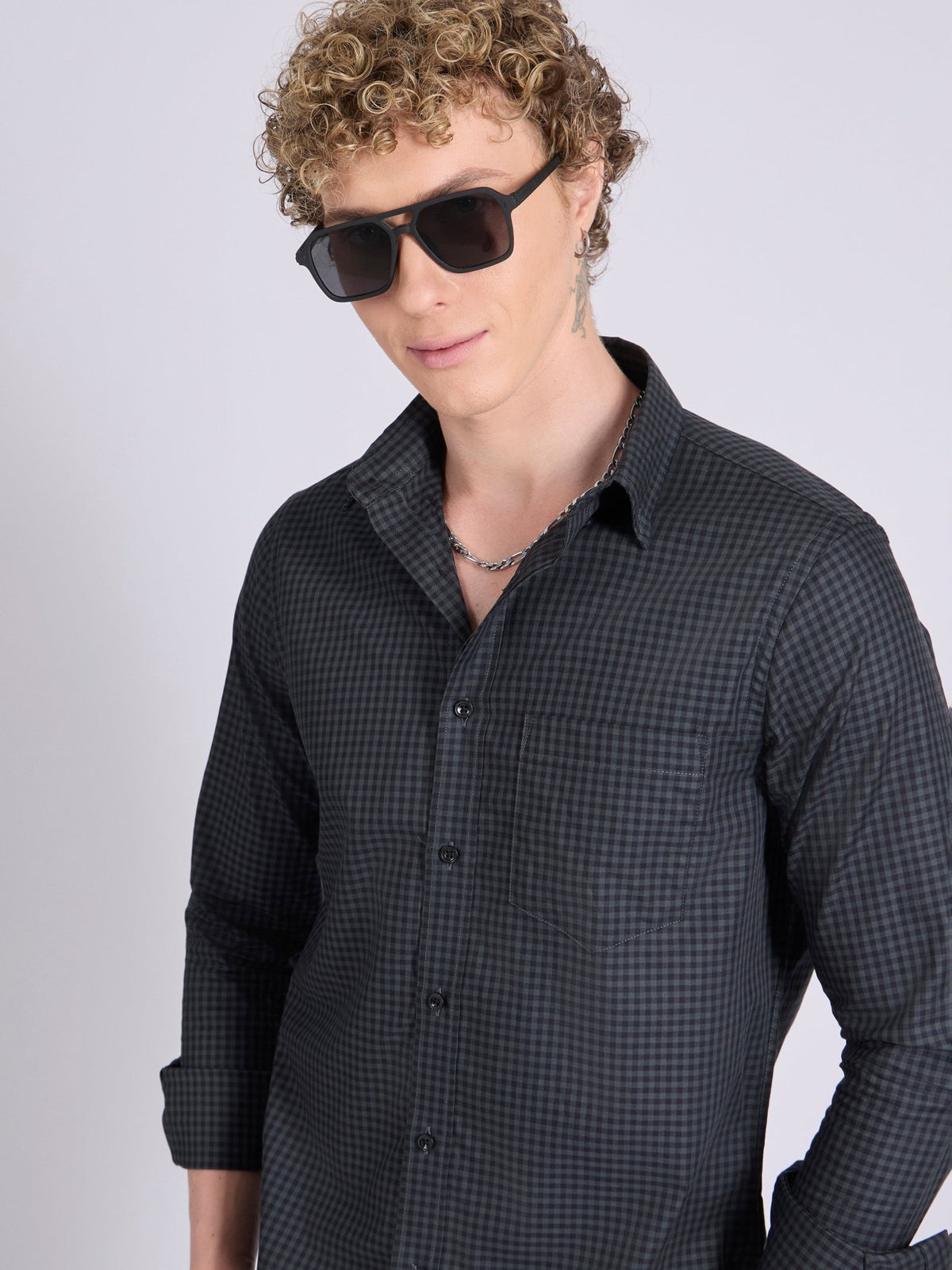 Quint - Micro Check Shirt - Dark Steel Blue - Espanshe