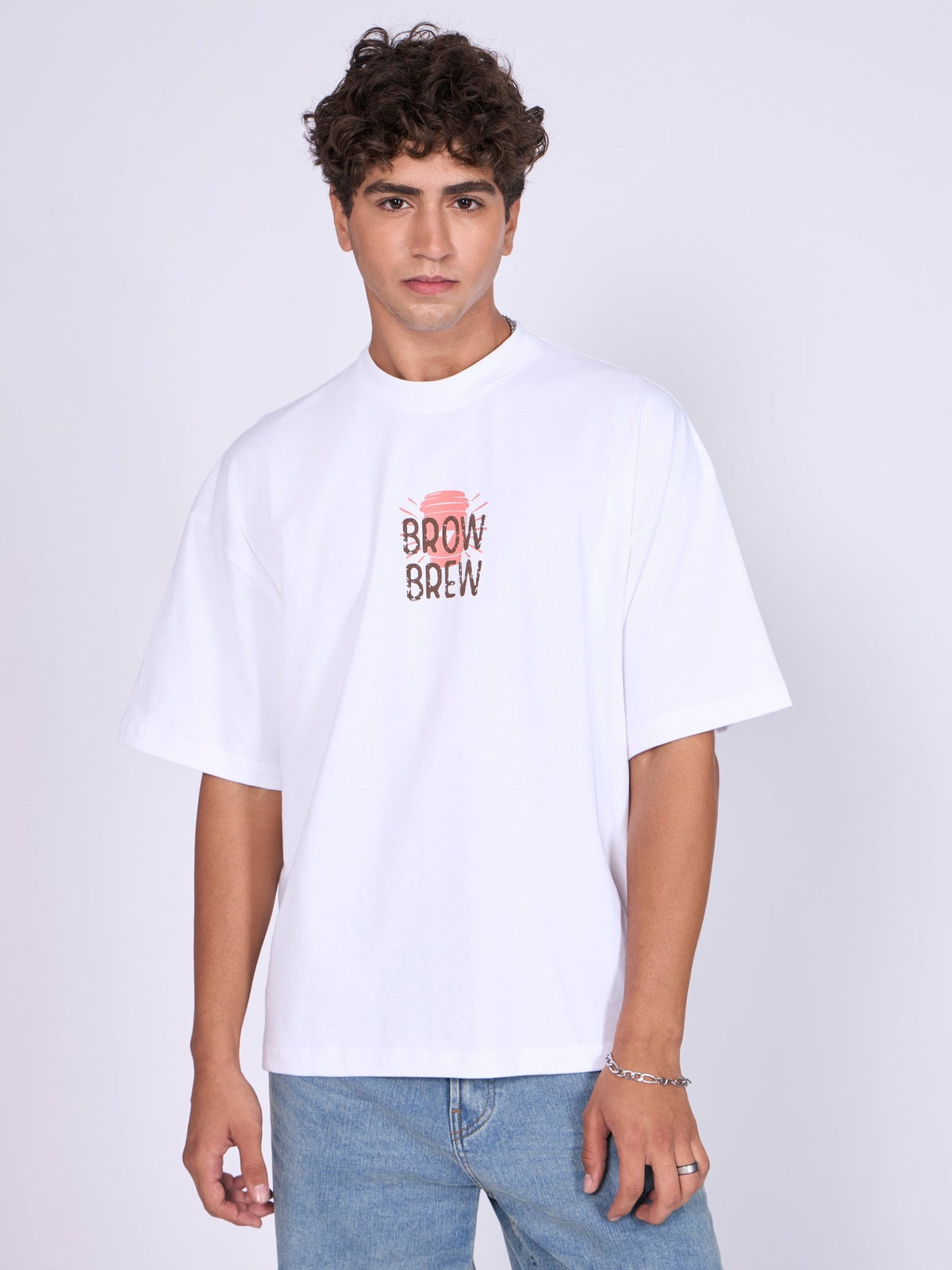 Everston - Brow Brew Printed Baggy T-Shirt - White - Espanshe