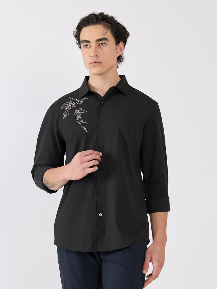 men's shirt -leaf design Embellished with stone in black