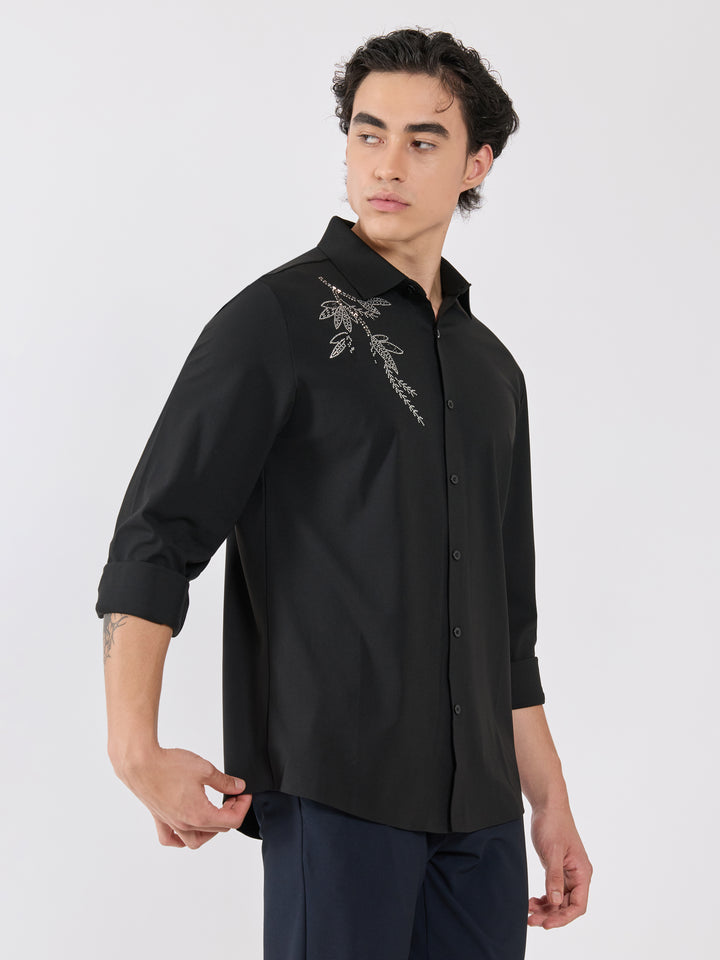 men's shirt -leaf design Embellished with stone in black