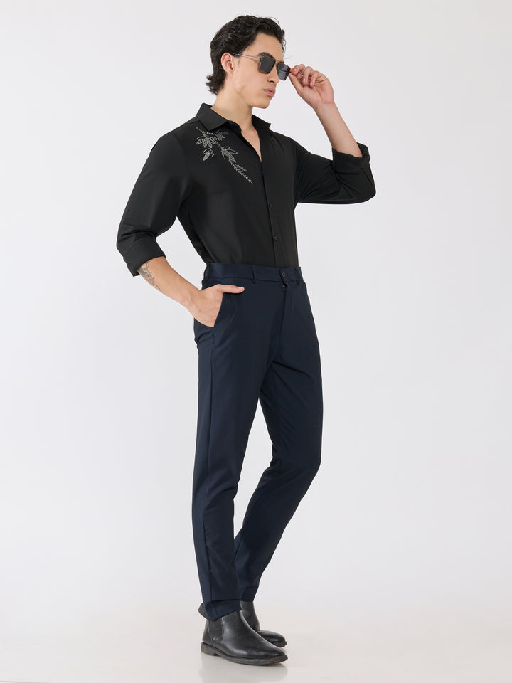 men's shirt -leaf design Embellished with stone in black