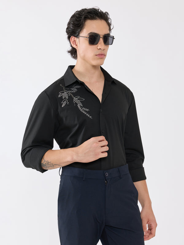 Osmond - Leaf Design Embellished Shirt - Black