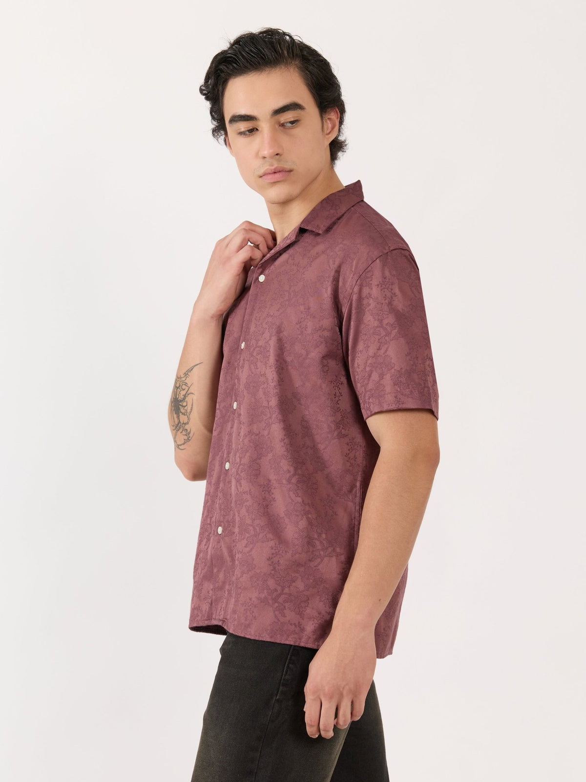 Pova - Embroidered Cuban Collar Shirt - Plum - Espanshe
