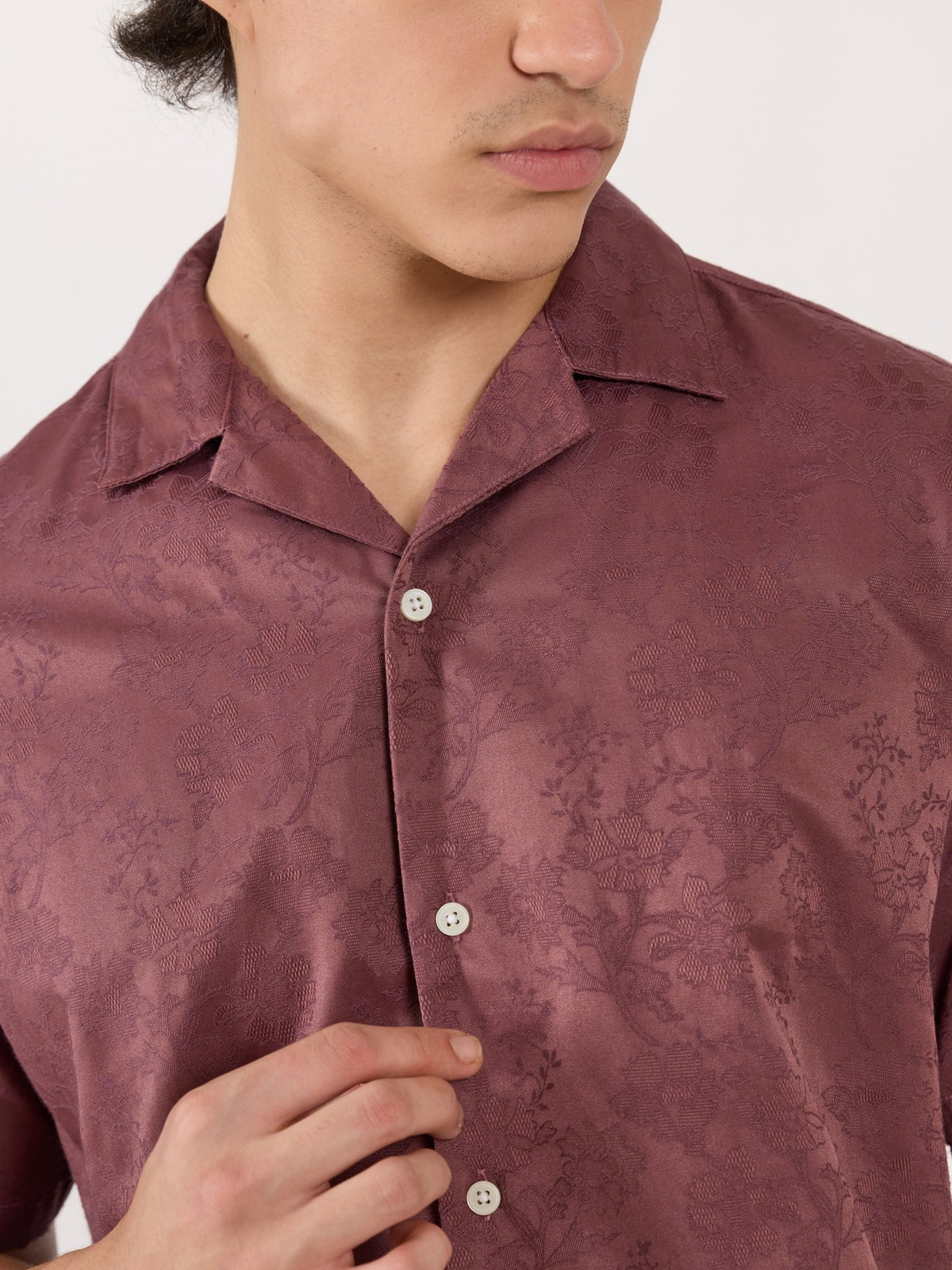 Pova - Embroidered Cuban Collar Shirt - Plum - Espanshe