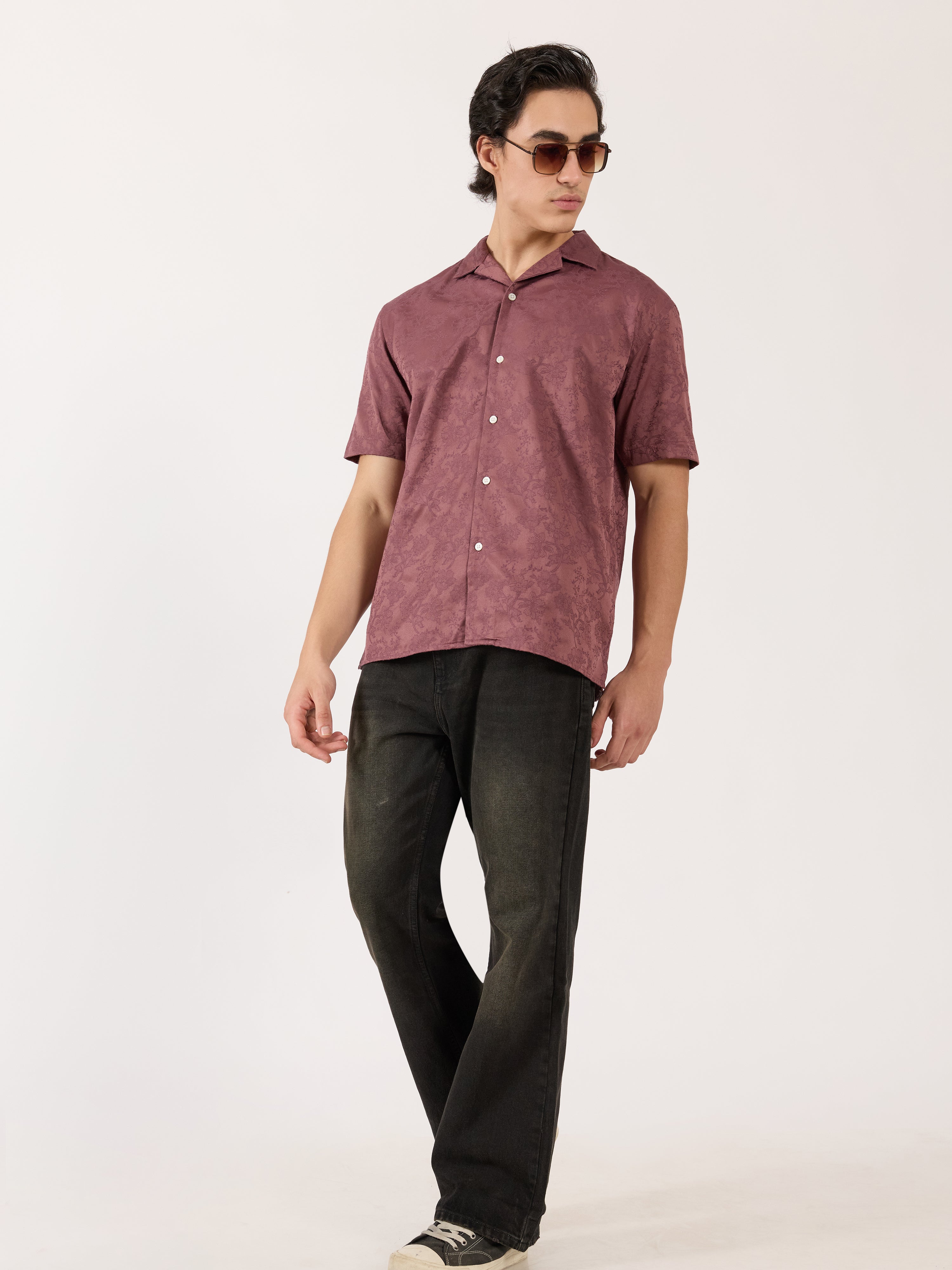 Men's Embroidered Cuban Collar Shirt - Plum