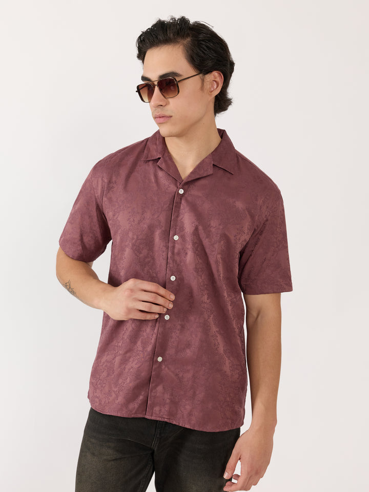 Men's Embroidered Cuban Collar Shirt - Plum