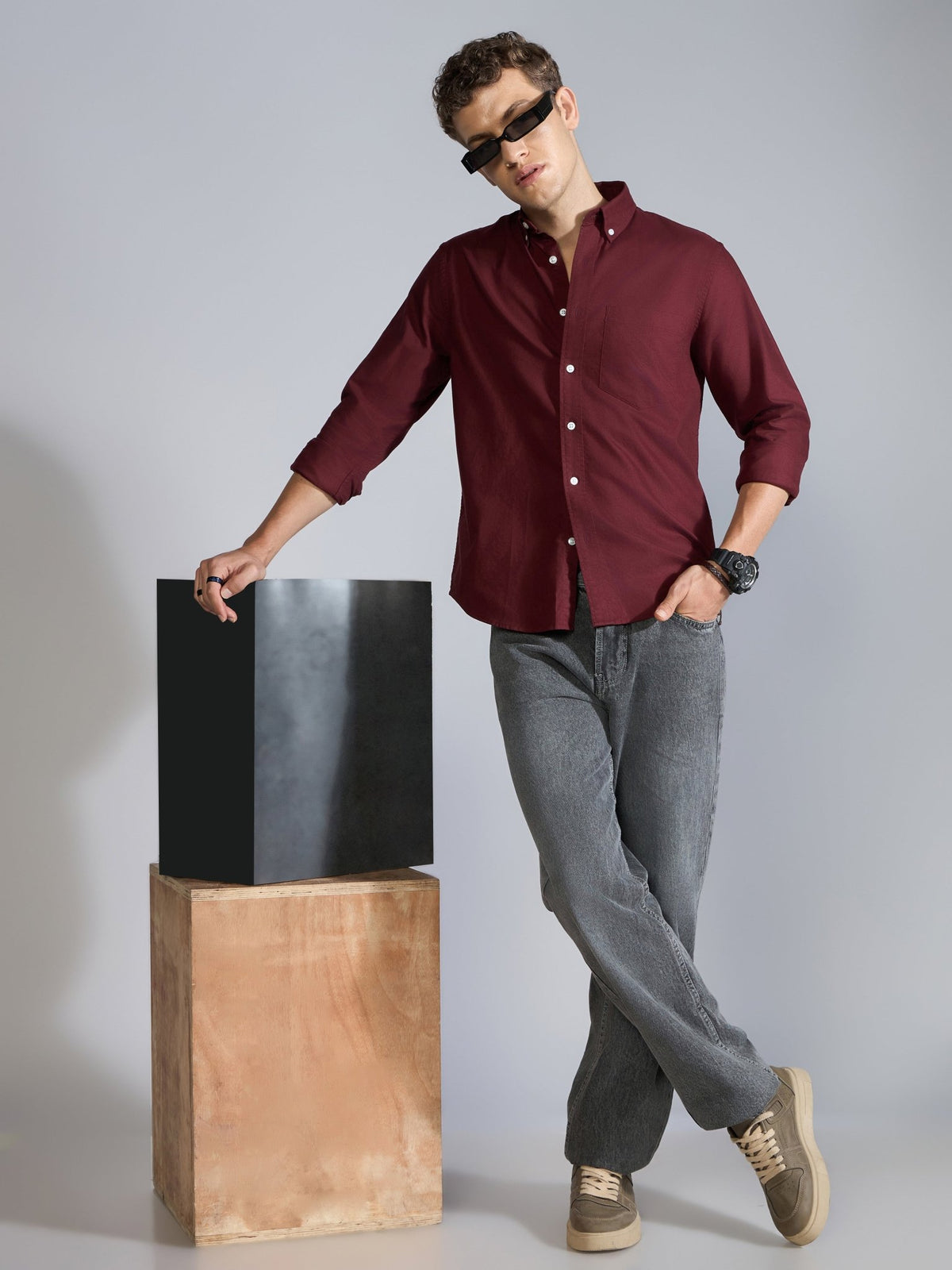 Flux - Relaxed Fit Oxford Shirt - Maroon - Espanshe