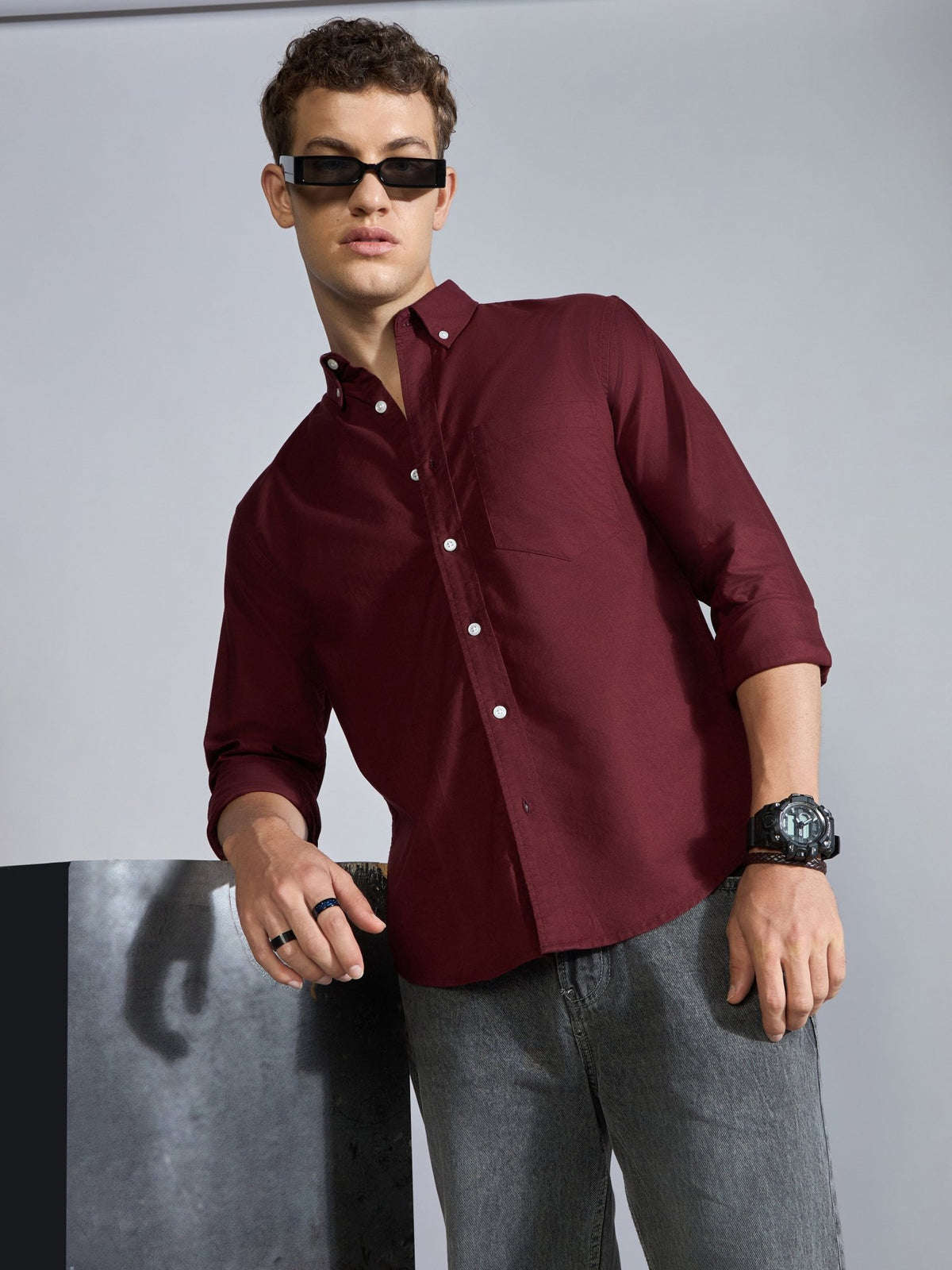 Flux - Relaxed Fit Oxford Shirt - Maroon - Espanshe