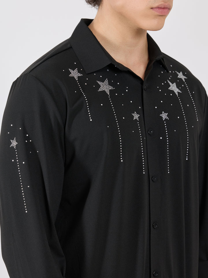 men's shirt -Celestial Charm Embellished with stone in- Black