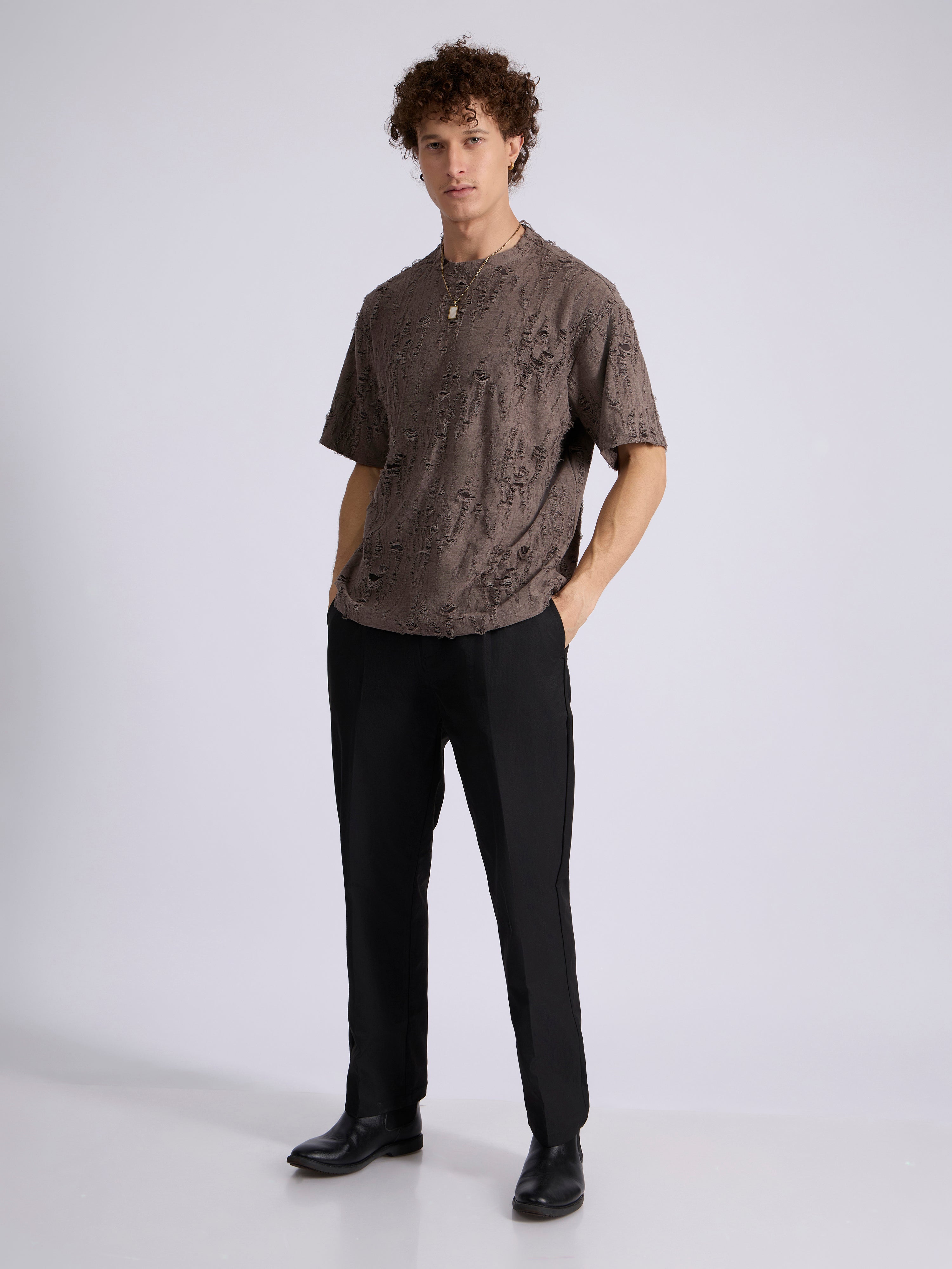 men's  Distressed T Shirt in Coffee