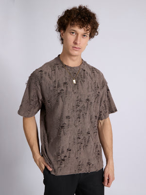 men's  Distressed T Shirt in Coffee