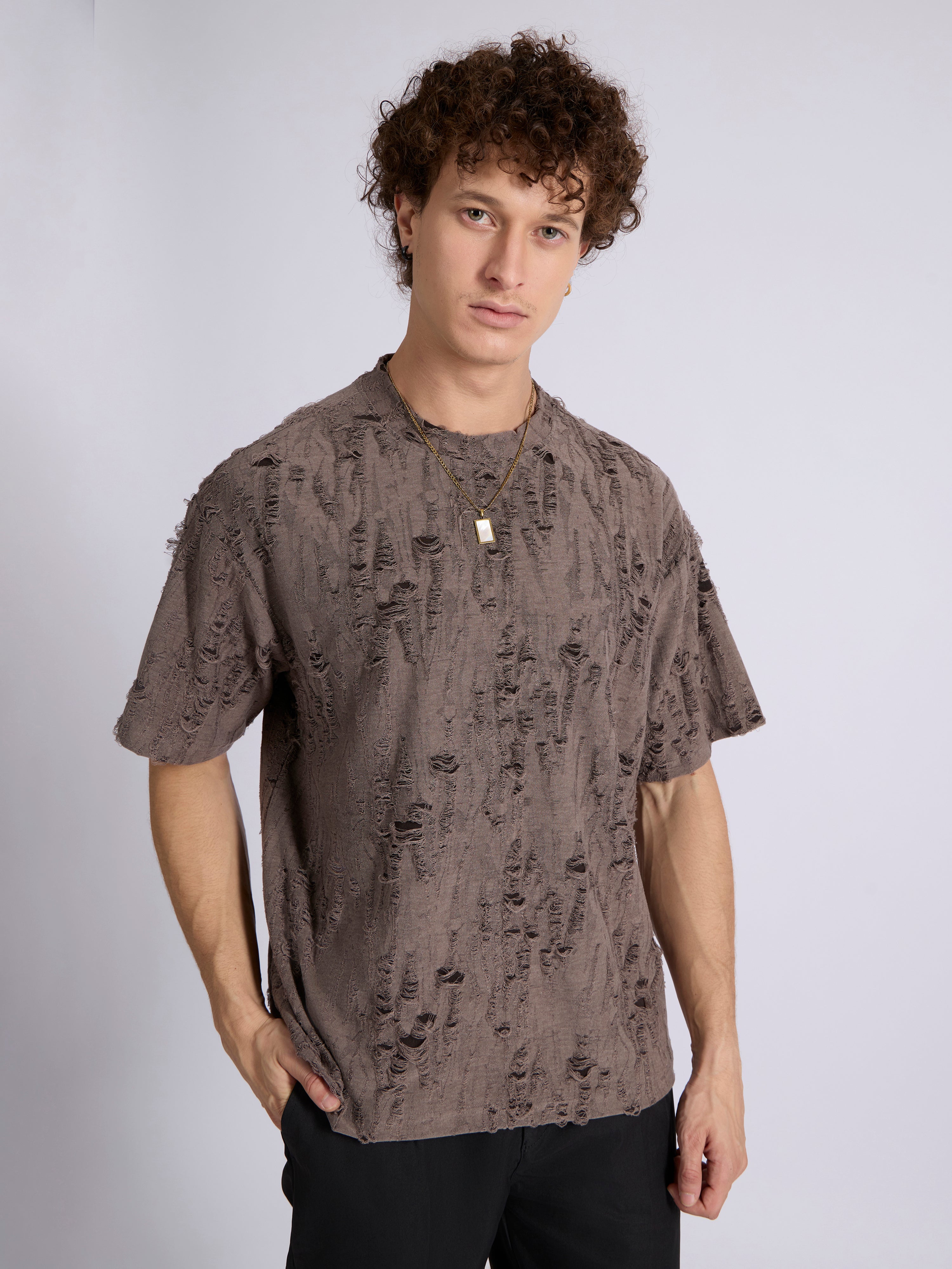 men's  Distressed T Shirt in Coffee