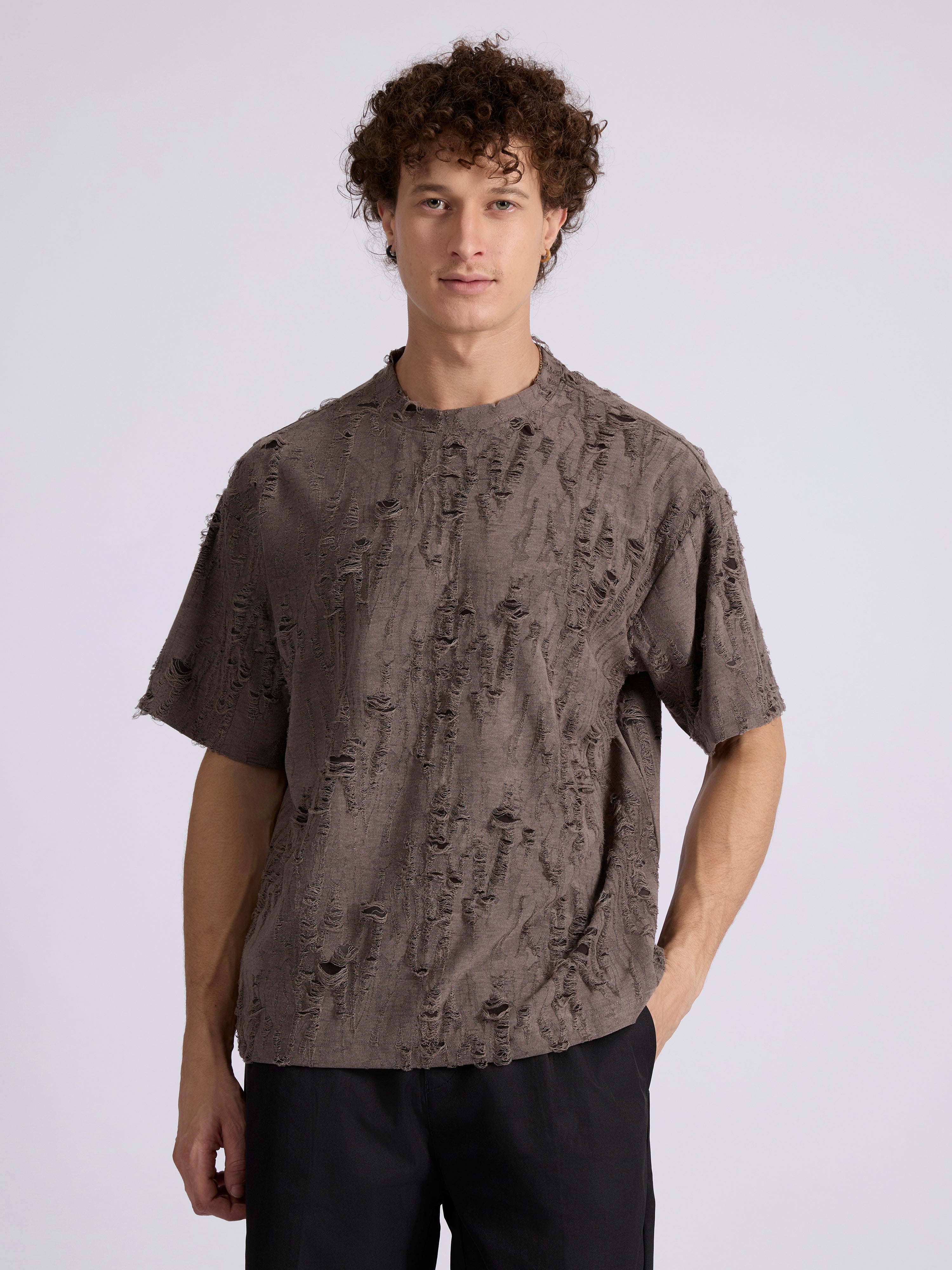 men's  Distressed T Shirt in Coffee