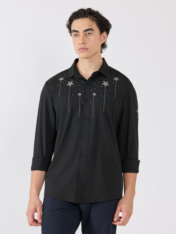 men's shirt -Celestial Charm Embellished with stone in- Black