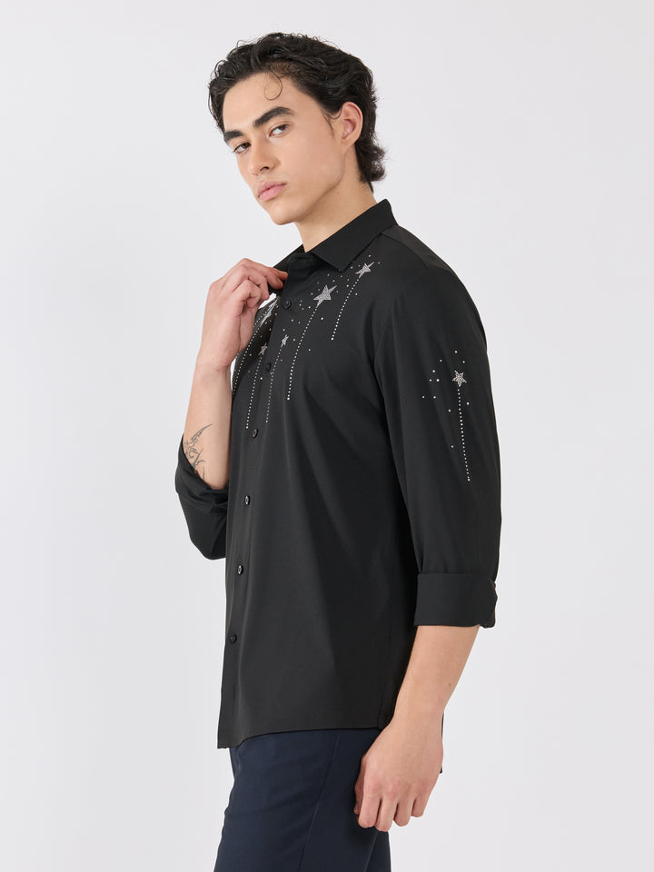 men's shirt -Celestial Charm Embellished with stone in- Black