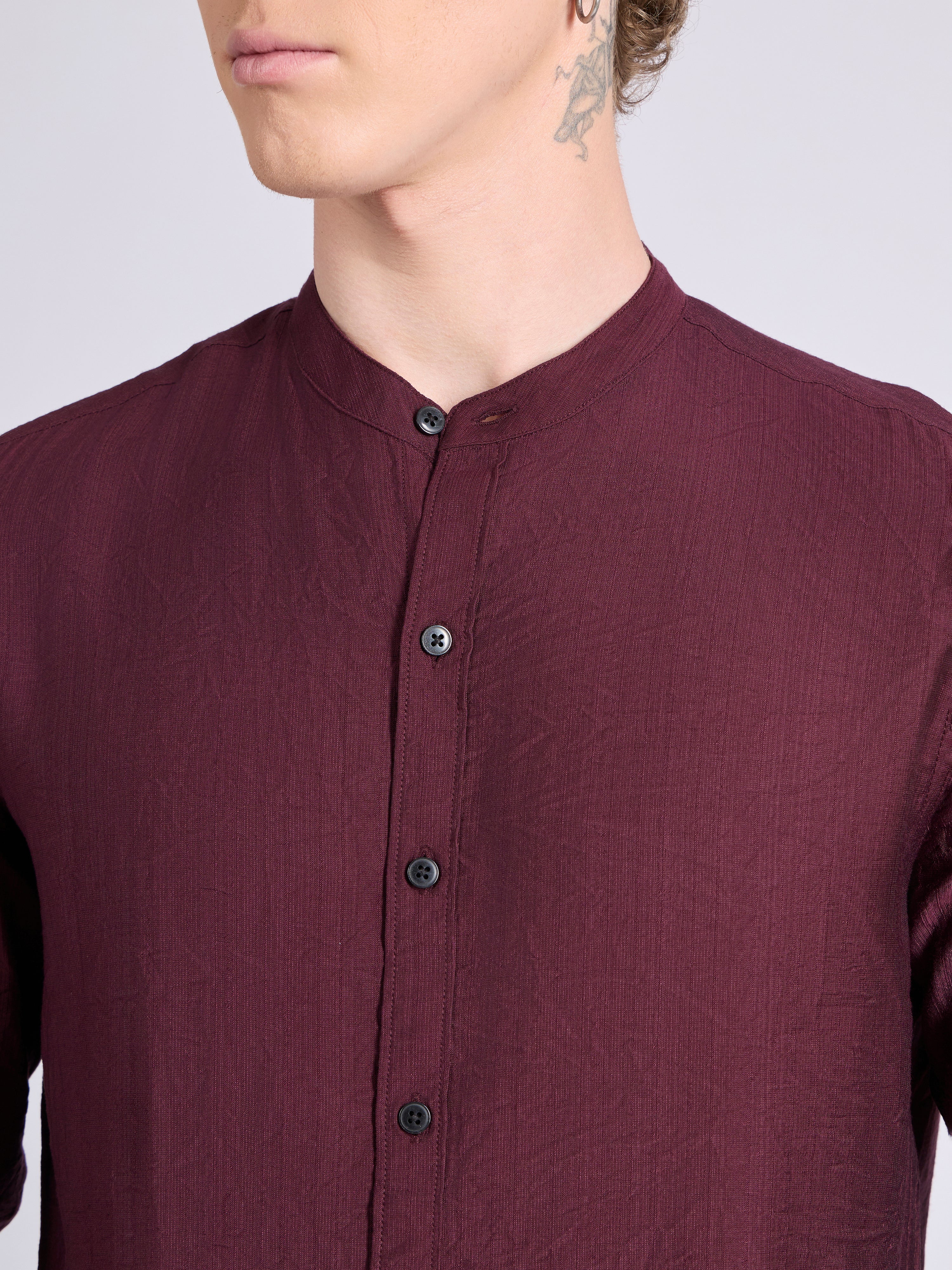 men's Mandarin Collar Plain Shirt - meroon