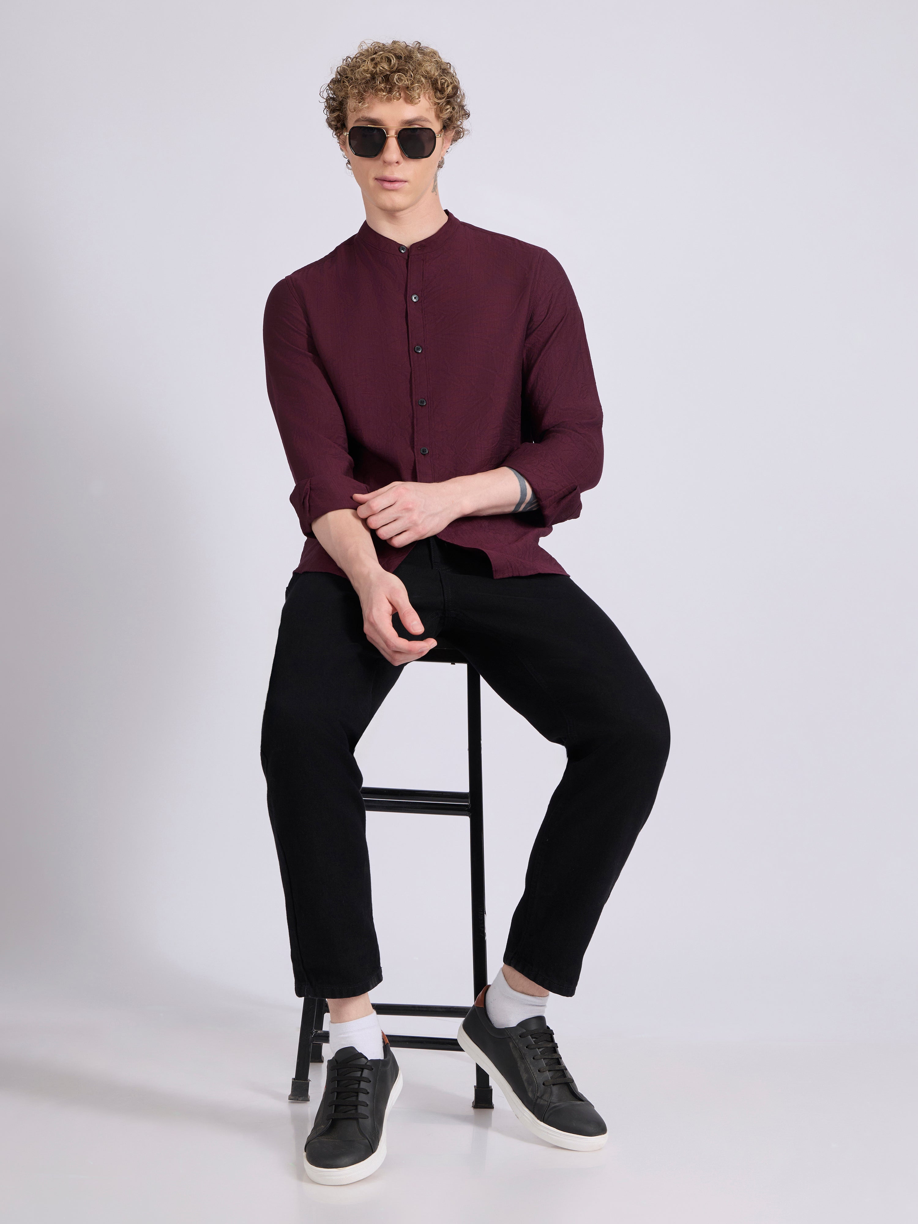 men's Mandarin Collar Plain Shirt - meroon