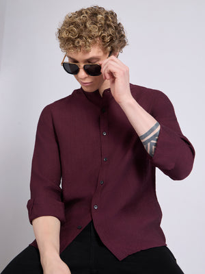 men's Mandarin Collar Plain Shirt - meroon