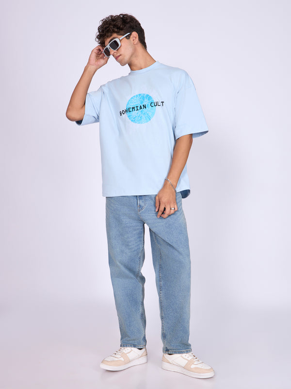 Everston - Bohemian Cult Printed Baggy T-Shirt - Baby Blue