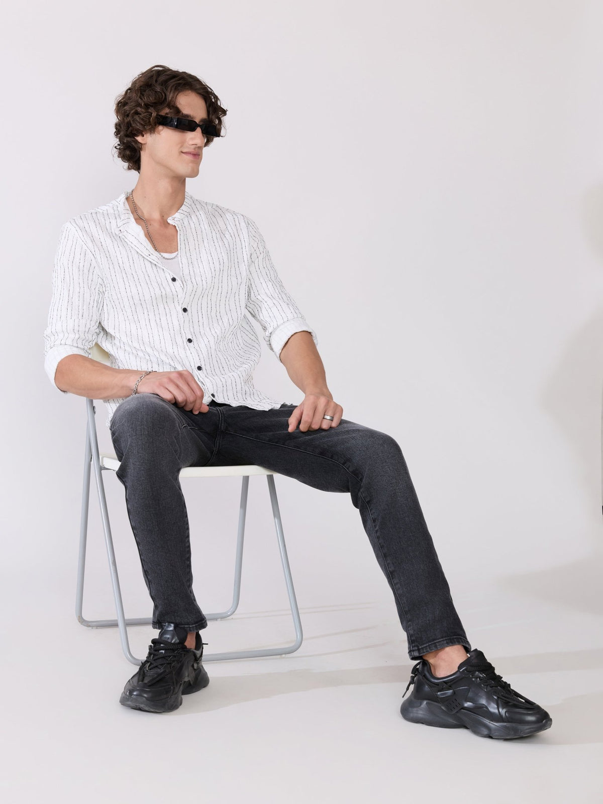 Aumena - Crinkle Pattern Striped Band Neck Shirt - White - Espanshe