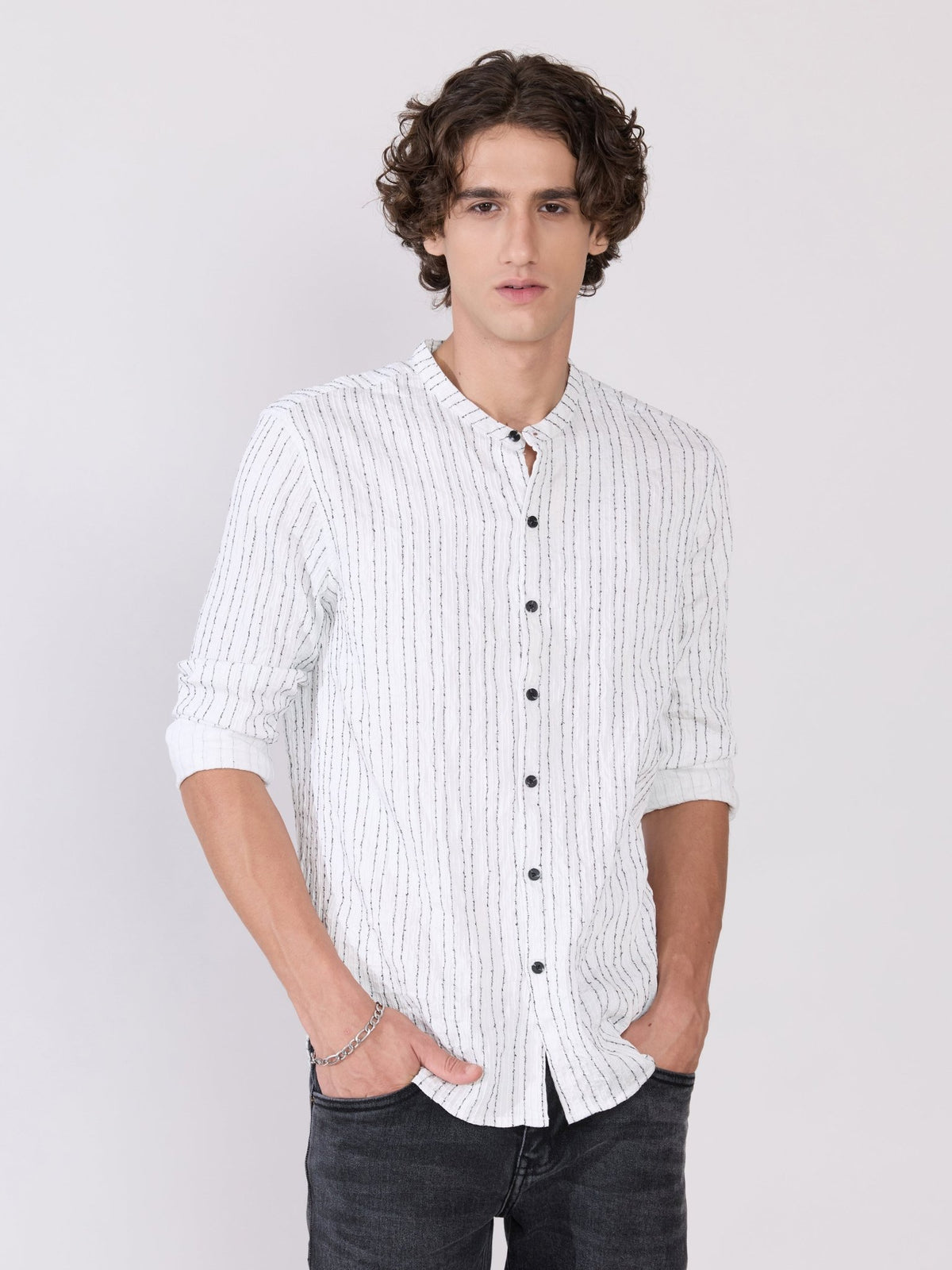 Aumena - Crinkle Pattern Striped Band Neck Shirt - White - Espanshe