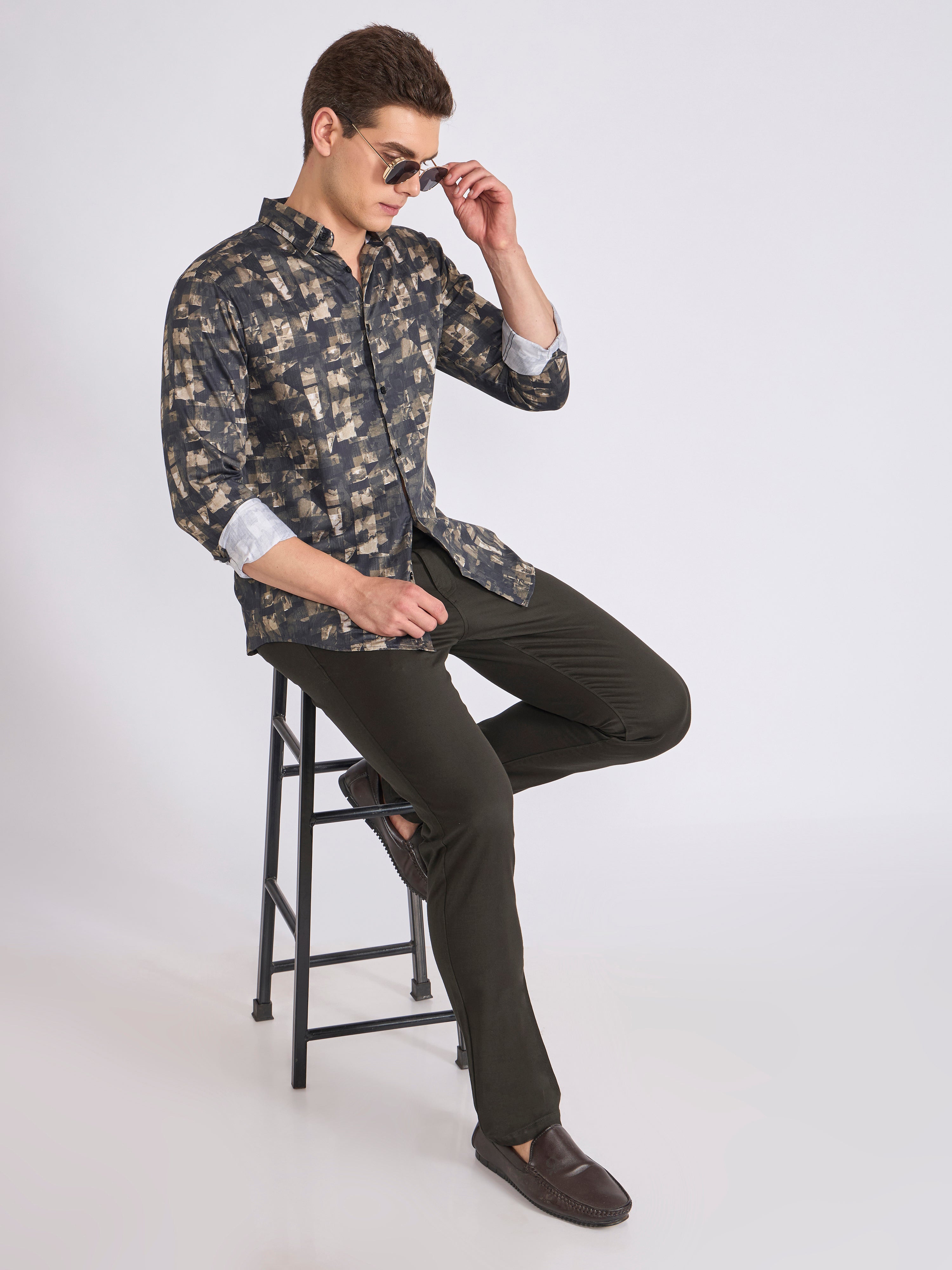  Men's Satin Digital Printed Shirt - Olive Green