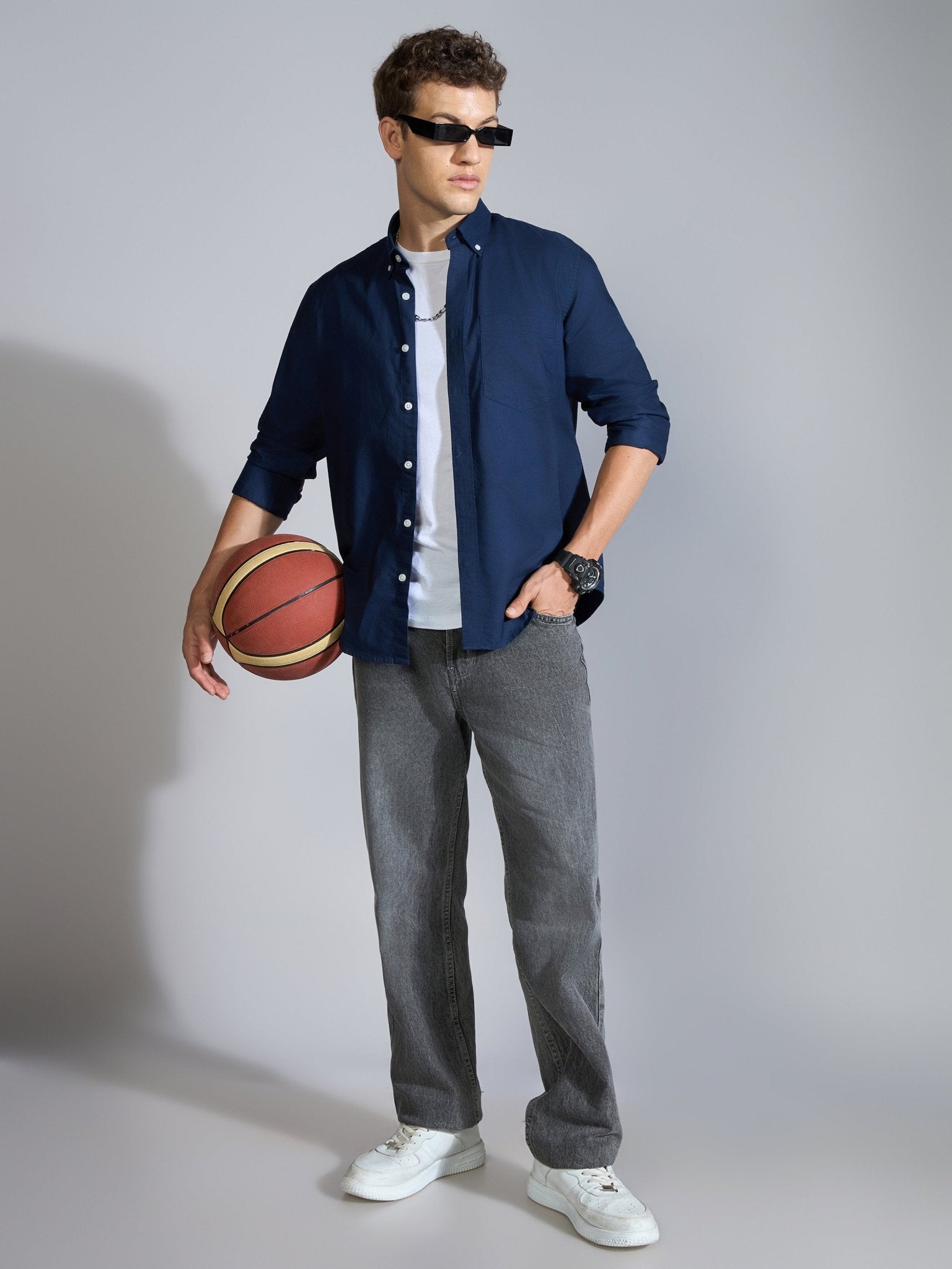 Orbit - Relaxed Fit Oxford Shirt With Elbow Patch - Navy - Espanshe