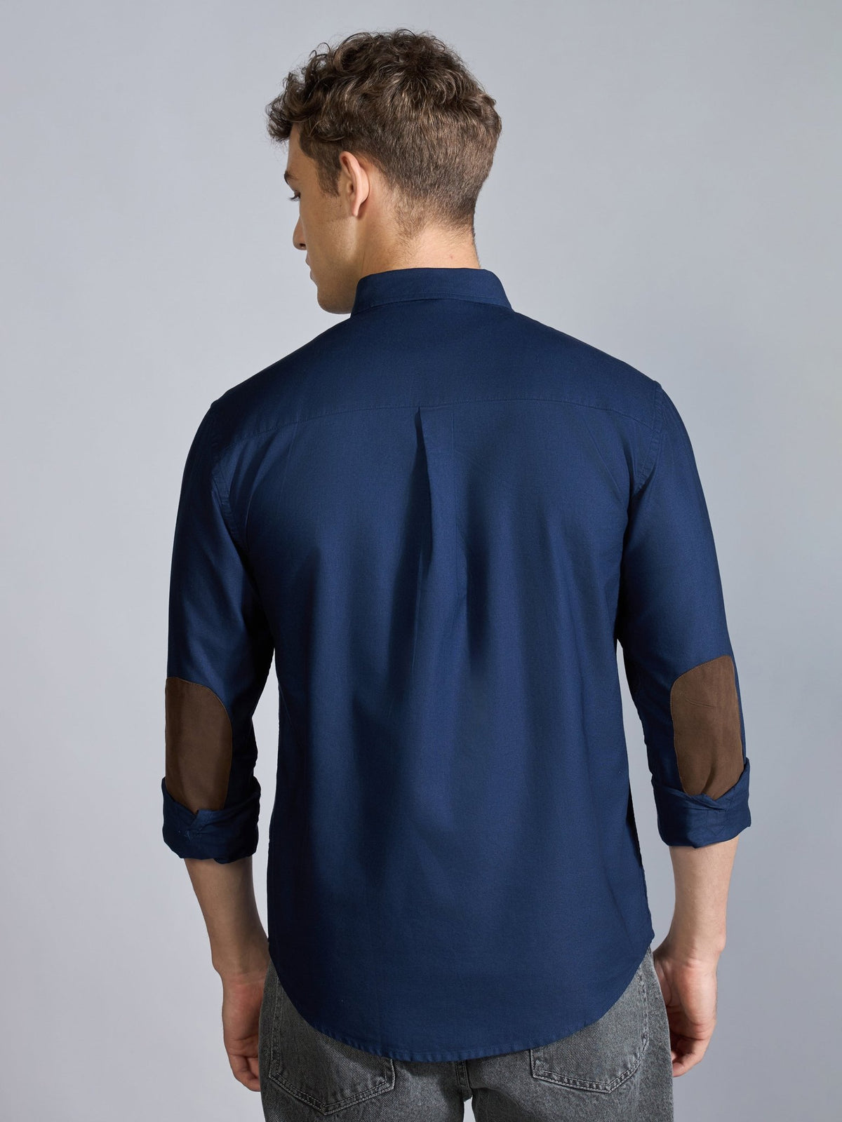 Orbit - Relaxed Fit Oxford Shirt With Elbow Patch - Navy - Espanshe