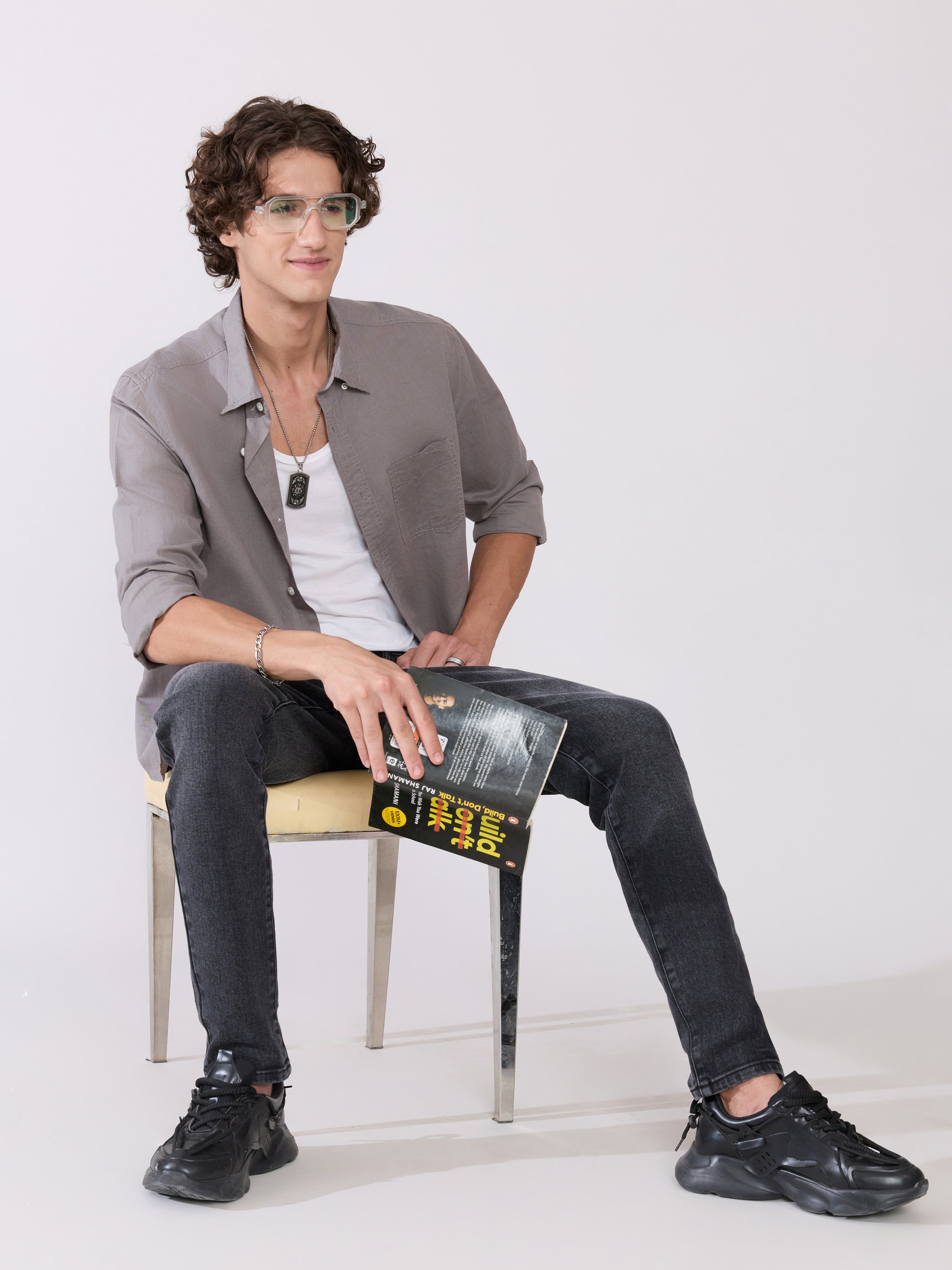  Men's Comfort Fit grey Linen Shirt
