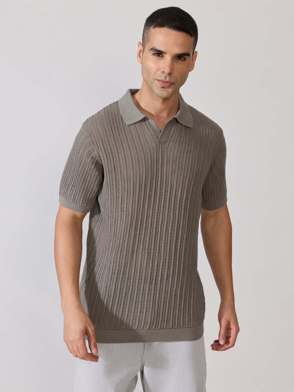 Kikeos-2 - Regular Fit Open Knit Polo T-Shirt - Brushed Nickel - Espanshe