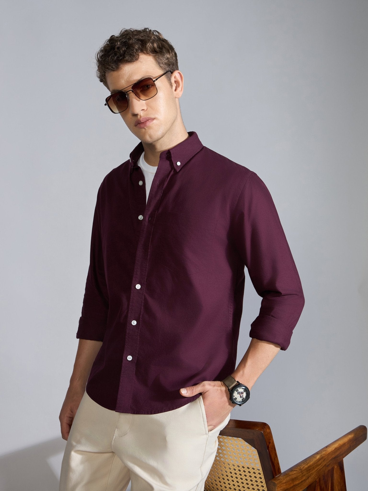 Flux - Relaxed Fit Oxford Shirt - Wine - Espanshe