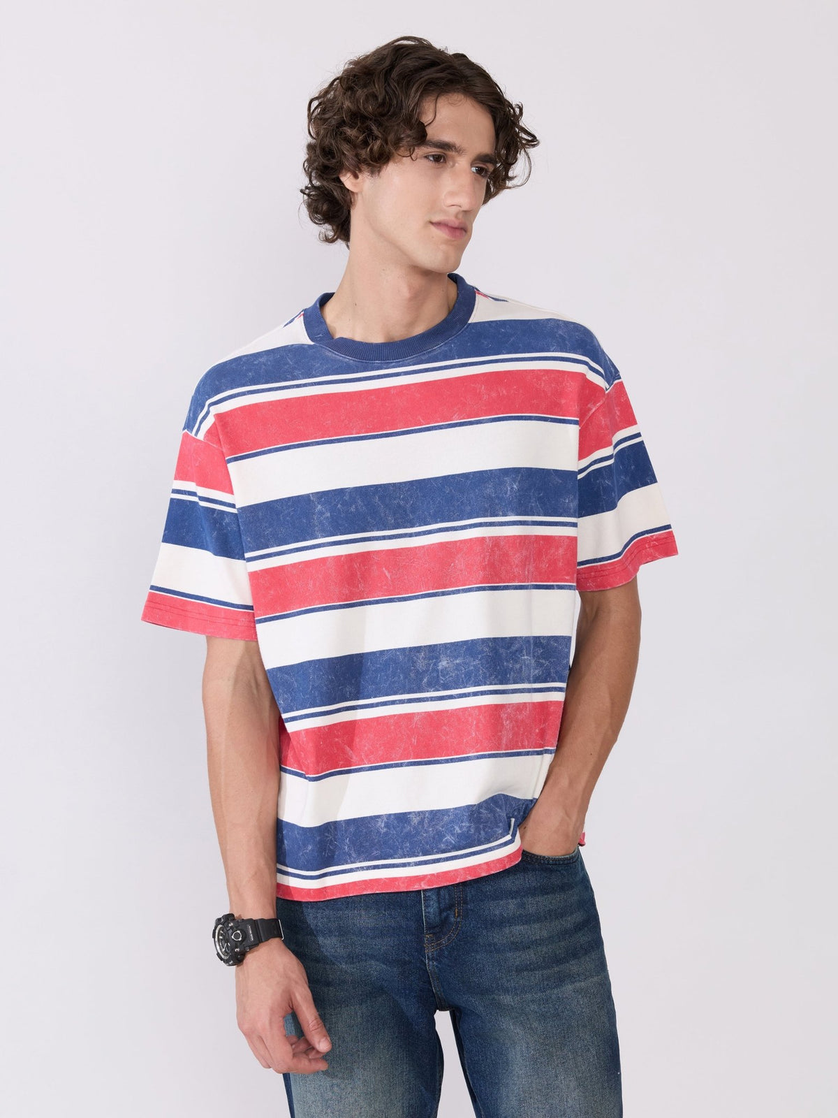 Ionathan - Loose Fit Striped Crew T-Shirt - Blue - Espanshe