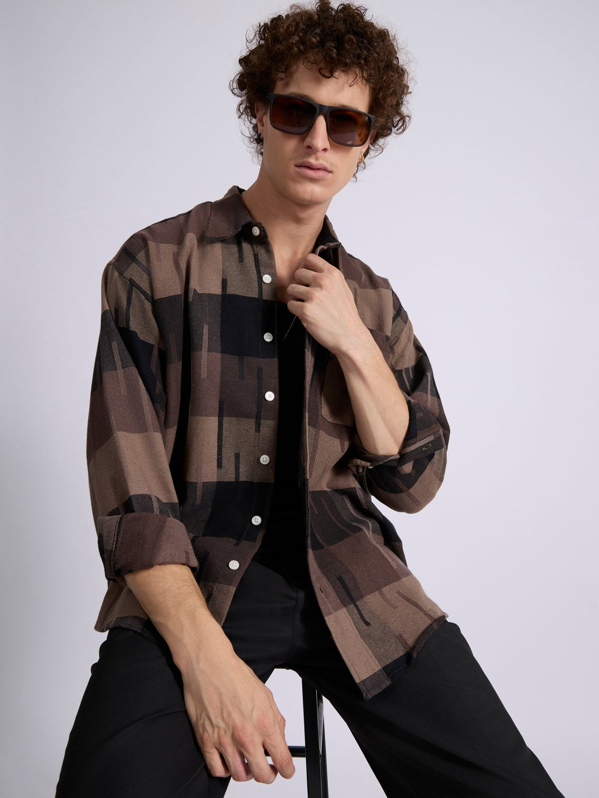 Talbot - Drop Shoulder Checks Shirt - Coffee Brown - Espanshe