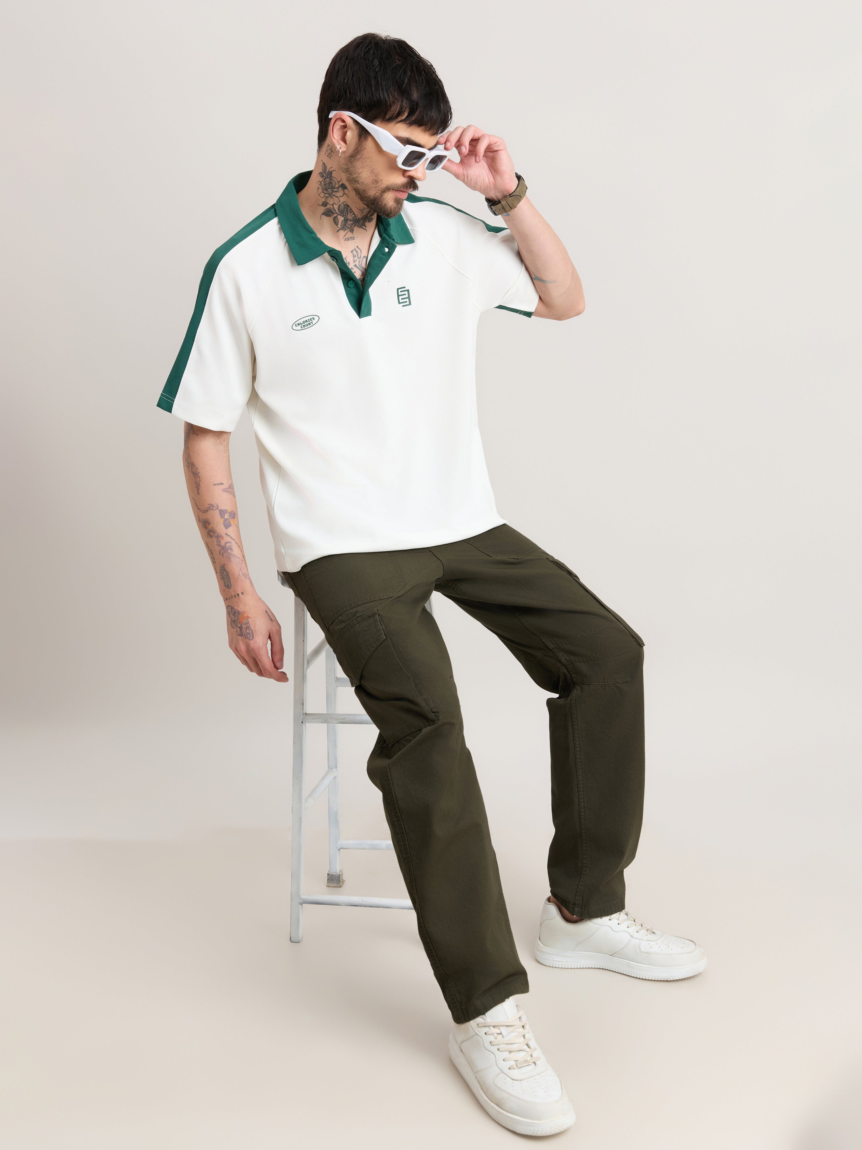 Xomis - Relaxed Fit Printed Polo T-Shirt - White