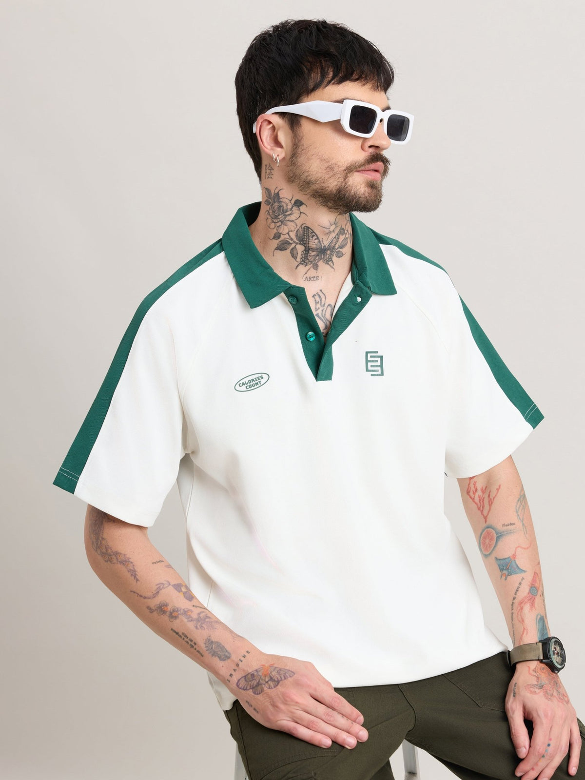 Xomis - Relaxed Fit Printed Polo T-Shirt - White - Espanshe
