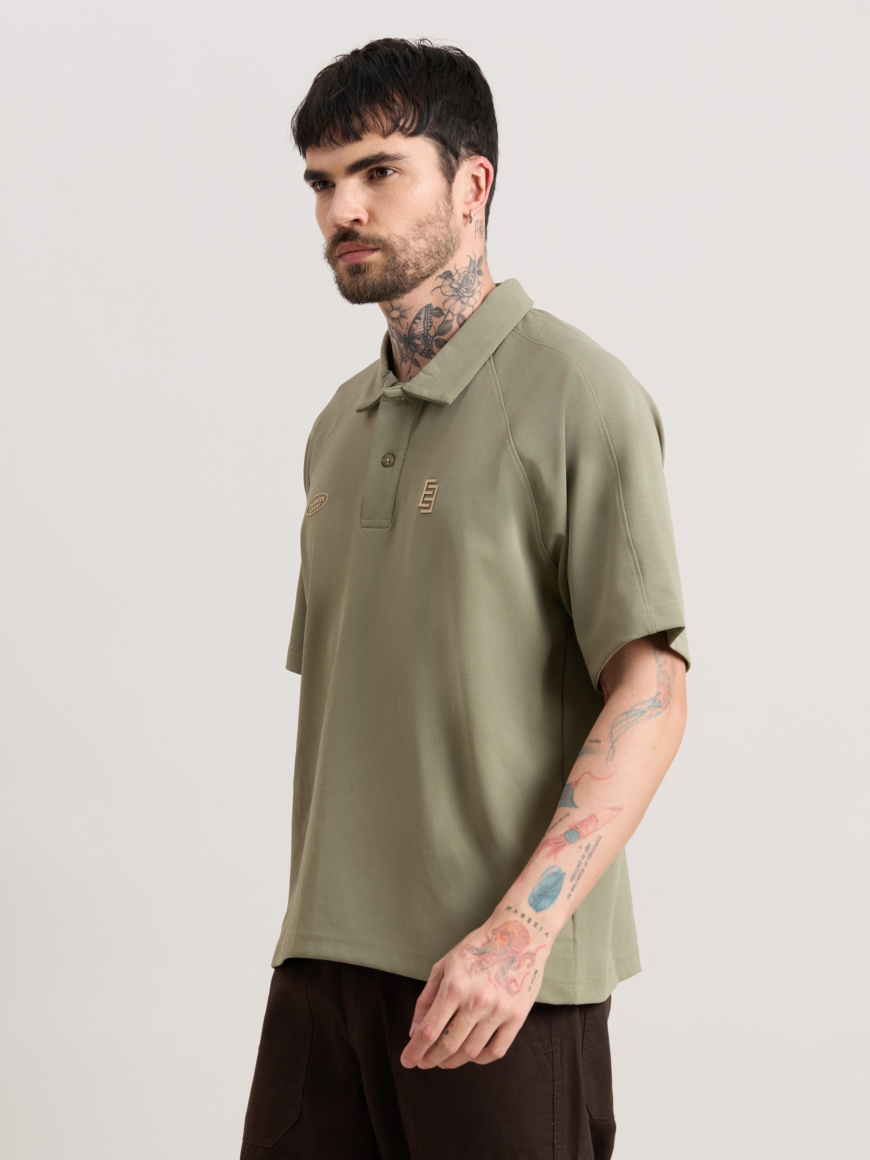 Xomis - Relaxed Fit Printed Polo T-Shirt - Olive
