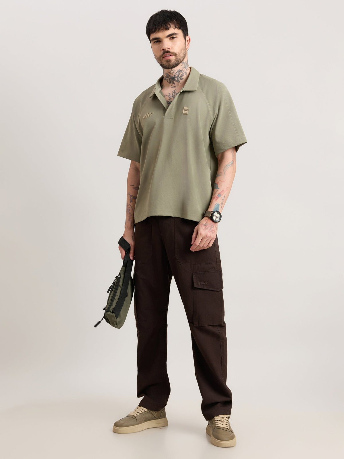 Xomis - Relaxed Fit Printed Polo T-Shirt - Olive - Espanshe