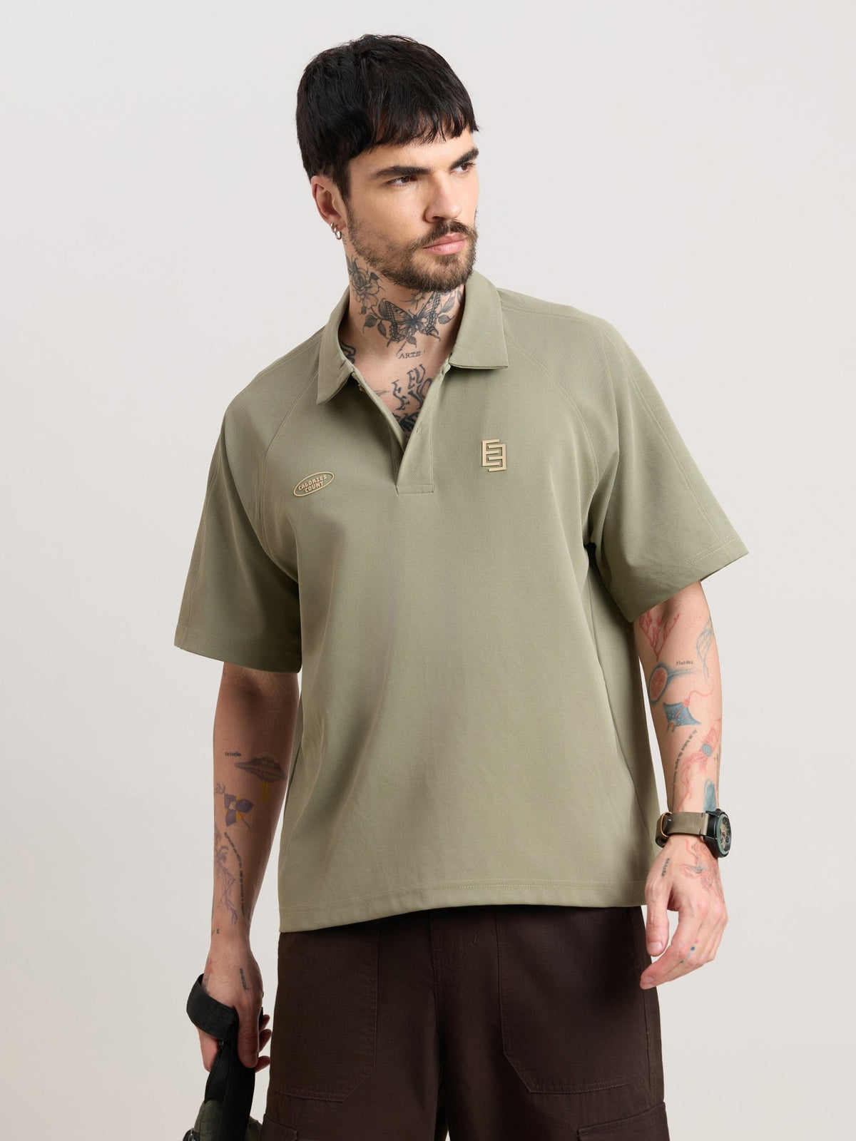 Xomis - Relaxed Fit Printed Polo T-Shirt - Olive - Espanshe
